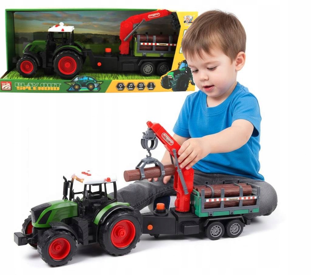 TRAKTOR Z PRZYCZEPĄ Z DREWNEM CIĄGNIK ROLNICZY DLA DZIECI 53cm Zestaw Farma