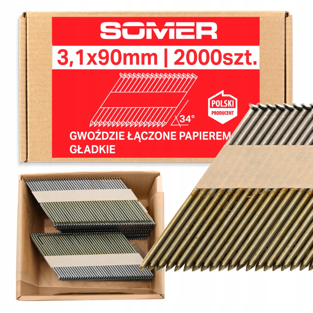 Gwoździe do gwoździarki łącz. pap. 3,1x90mm 34° Gładkie 2000szt +200