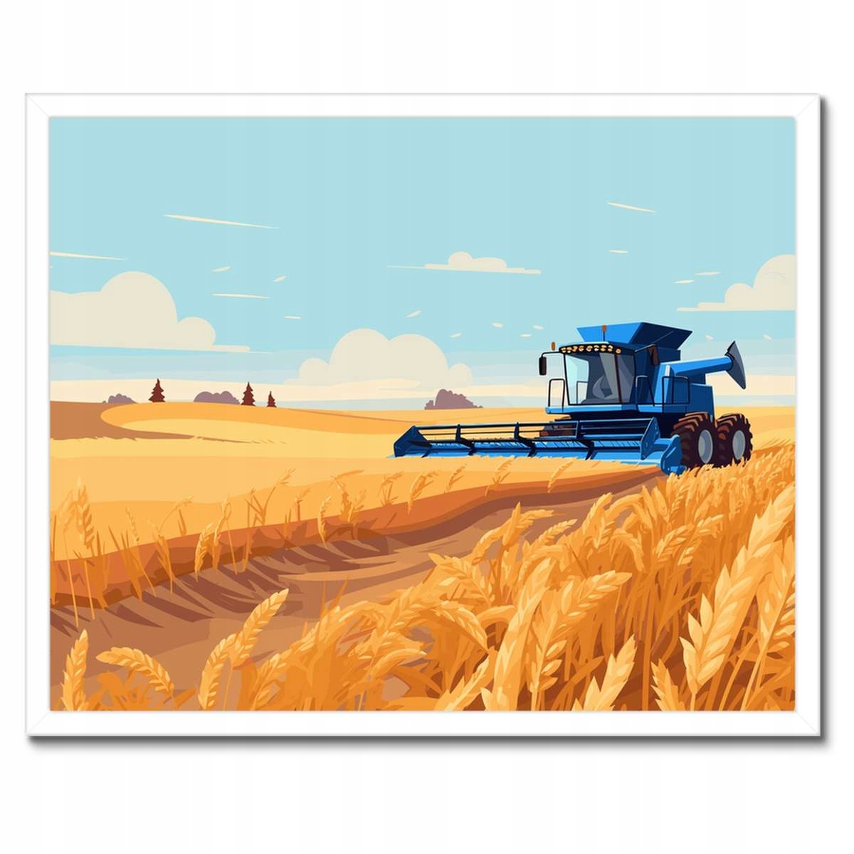 Plakáty v rámu 50x40 Modrý kombajn v poli na sklizni