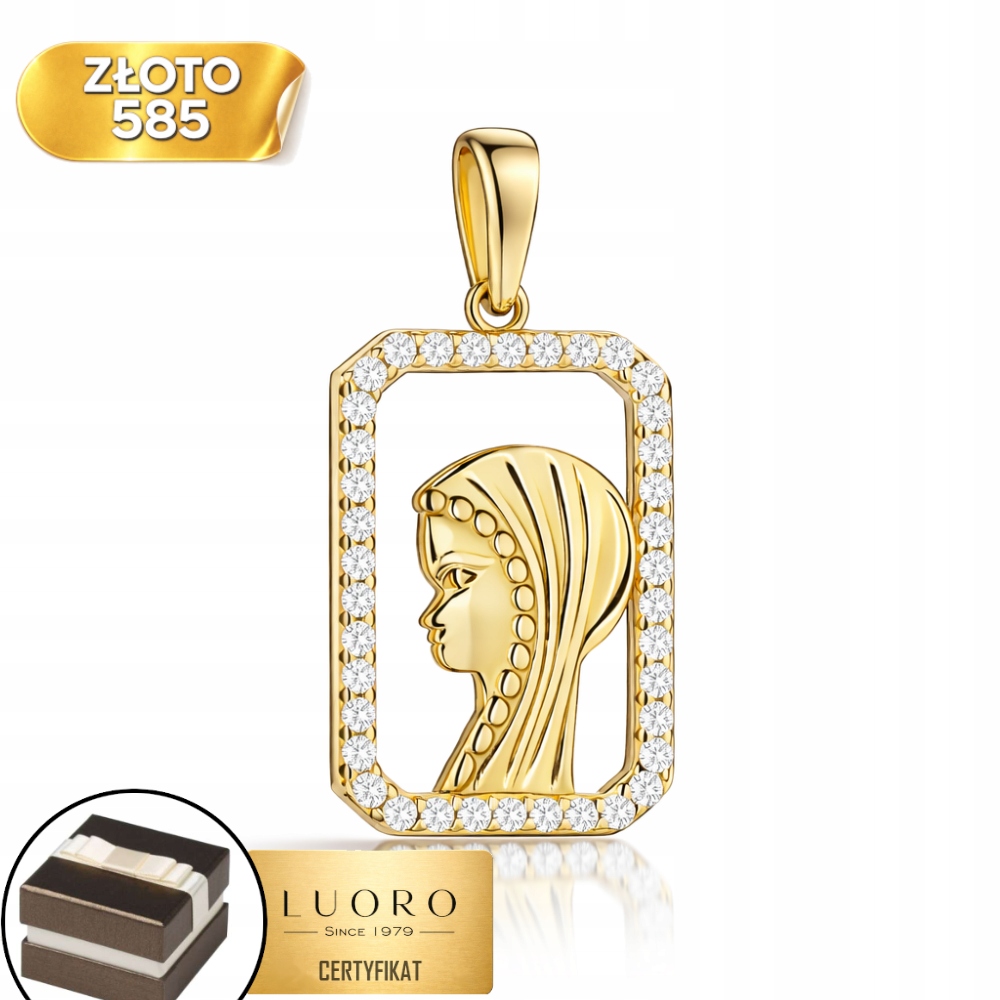 Zlatý Medailon 585 14K Matka Boží Obdélníkový Zirkony 23 MM Elegantní