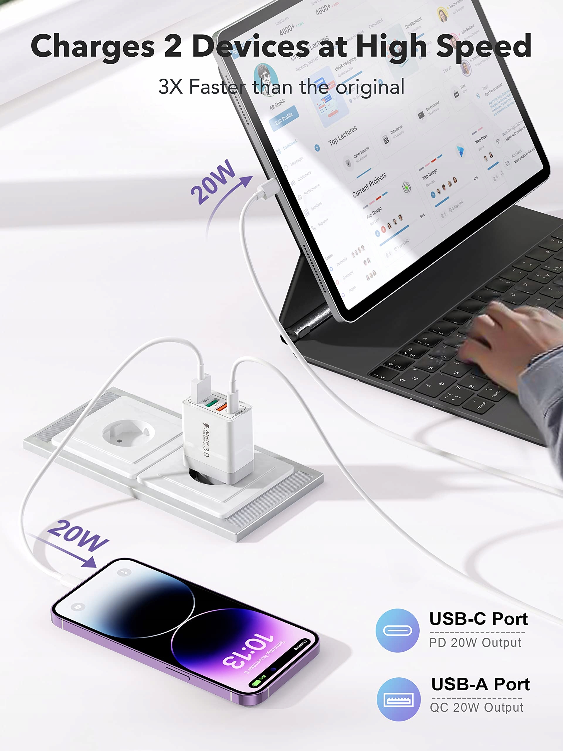 USB C Anykon 40W 4 Porty USB Do iPhone iPad Android — miniatura 3