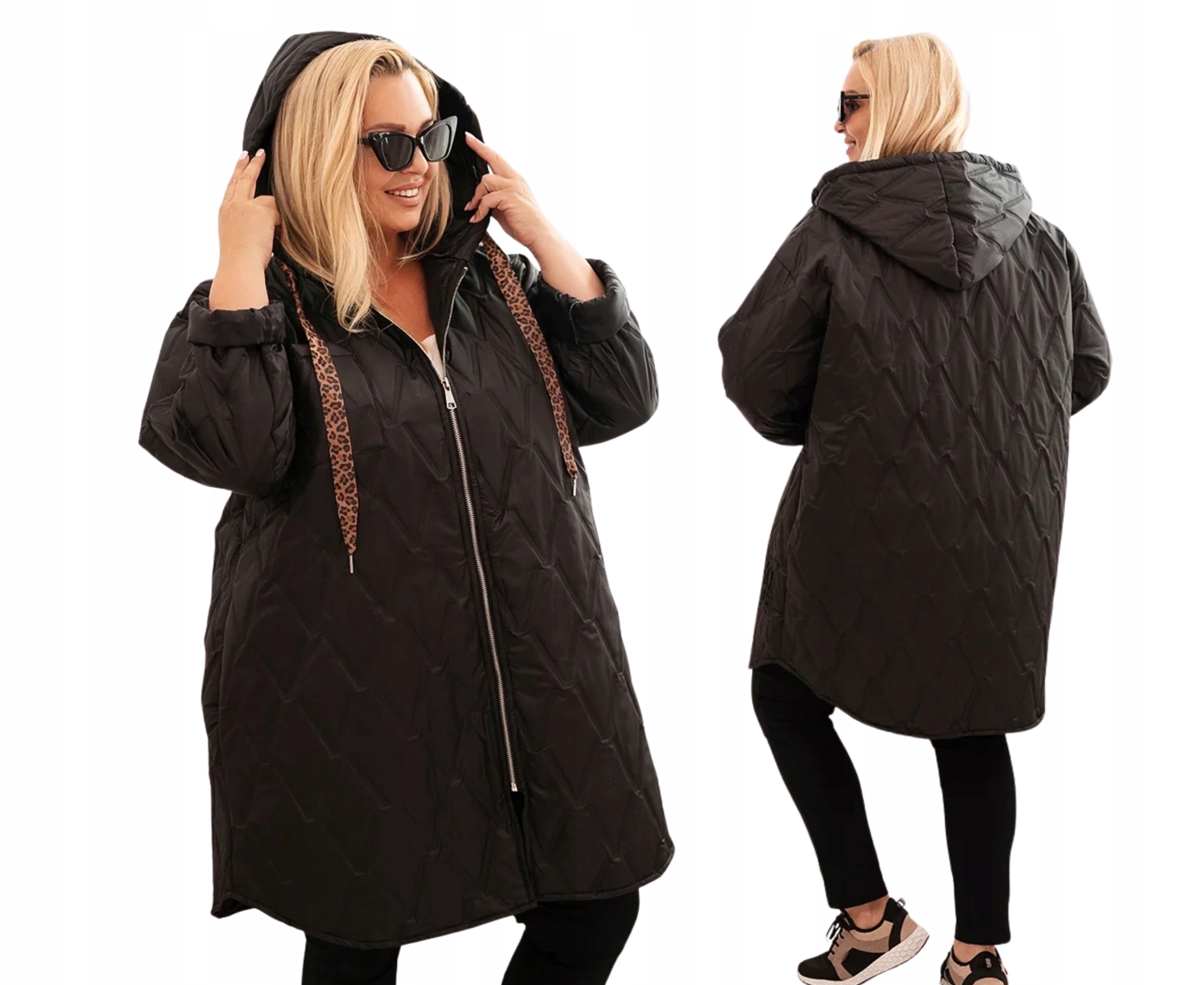 Czarna kurtka damska Plus Size pikowana z kapturem