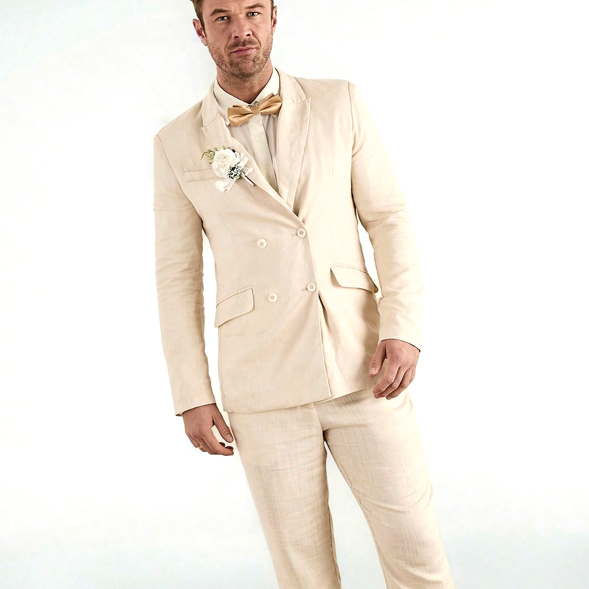Stylový pánský pískový návštěvní oblek ze lnu, módní, velikost S