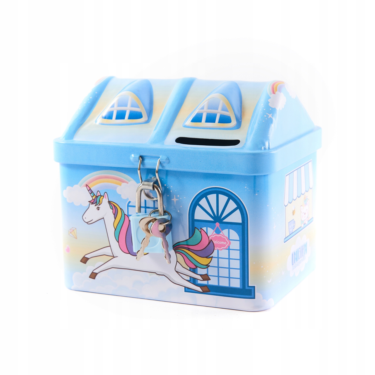 

Skarbonka Walizka Metalowa z kłódką Jednorożec