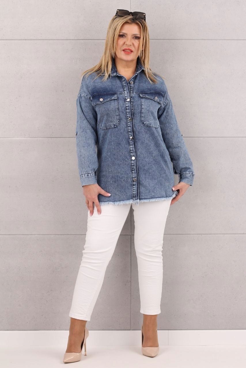 KOSZULA JEANSOWA DAMSKA BAWEŁNIANA DŁUGA MODNA KLASYCZNA ROZMIARY Model na co dzień denim katana tunika stylowa dżinsowa