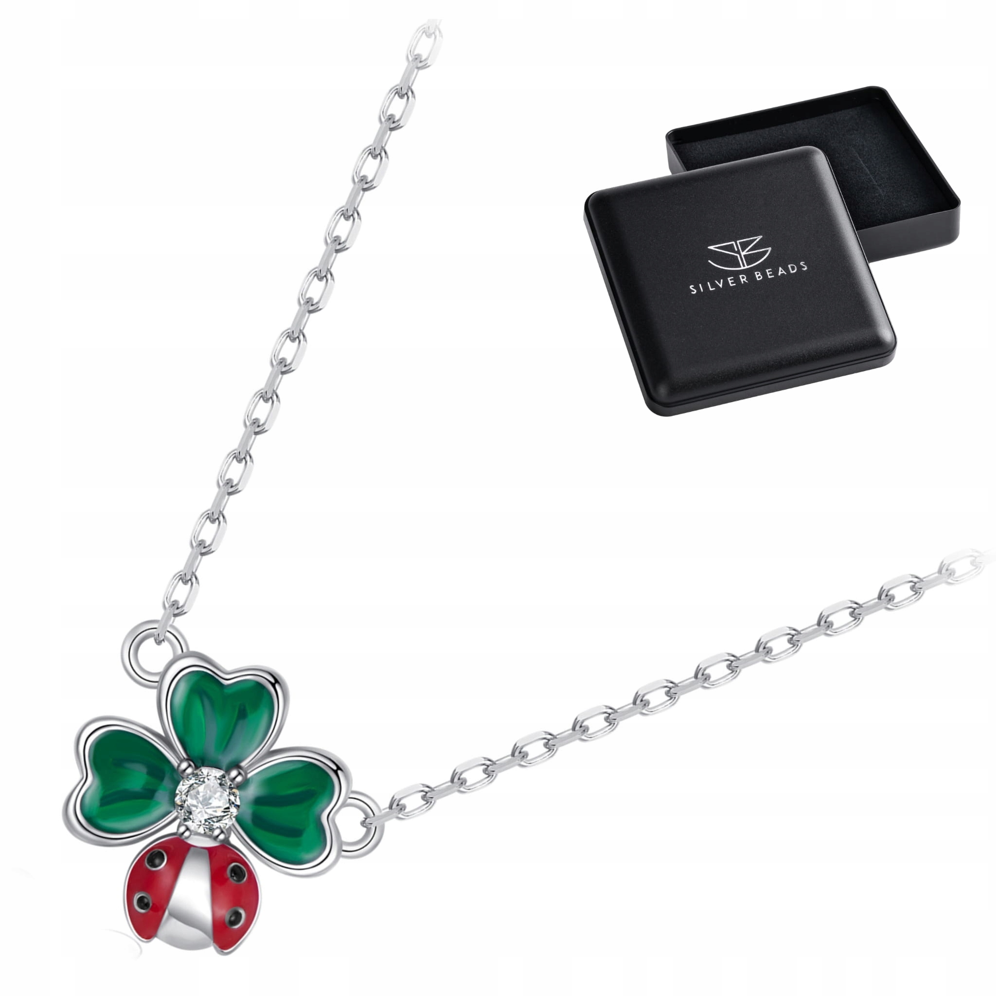 N222 Srebrny naszyjnik z czterolistną koniczynką i małą biedronką srebro 92