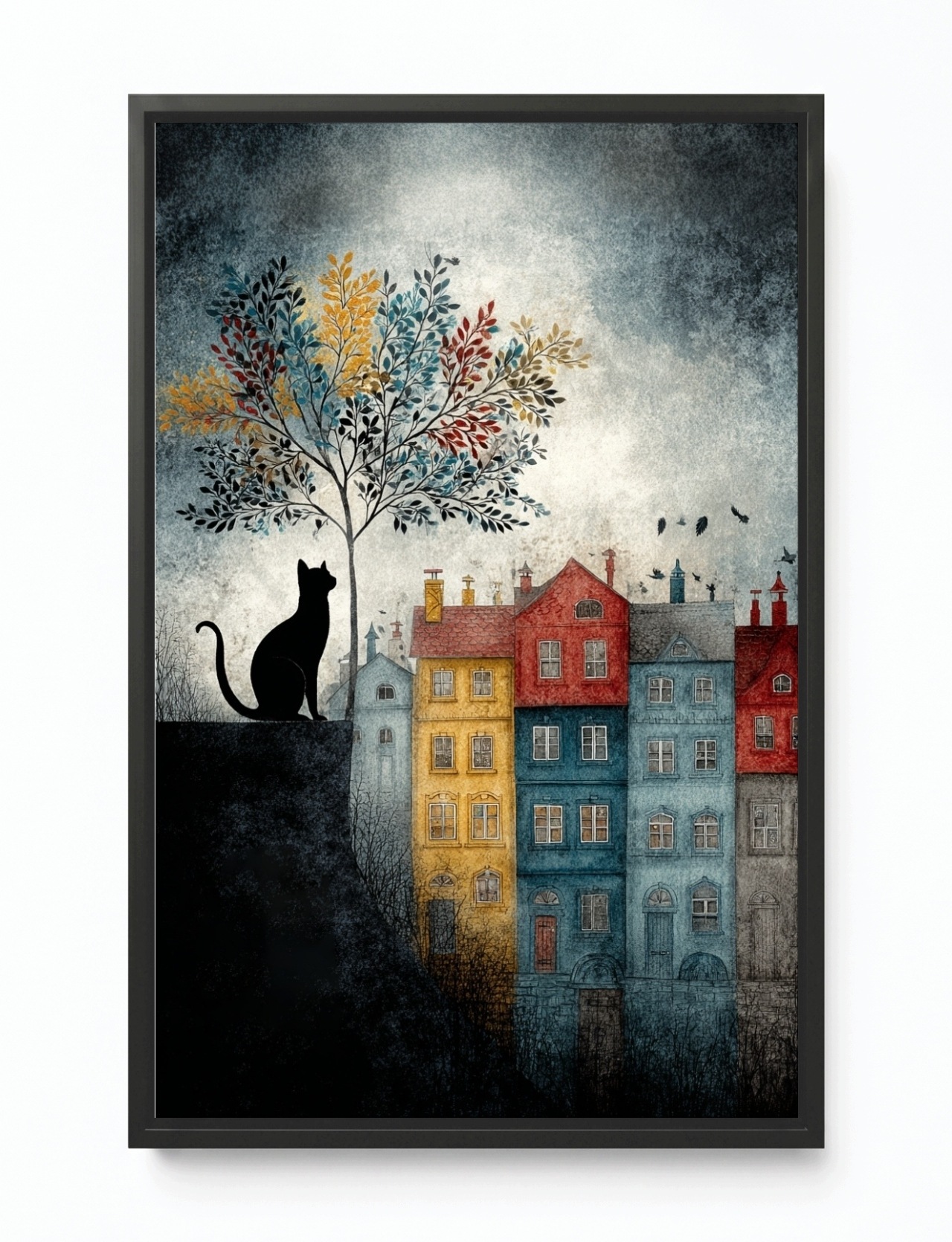 Obraz Rám Americký Box Grafika Město Kamínky Dřevo Kočka 40x60