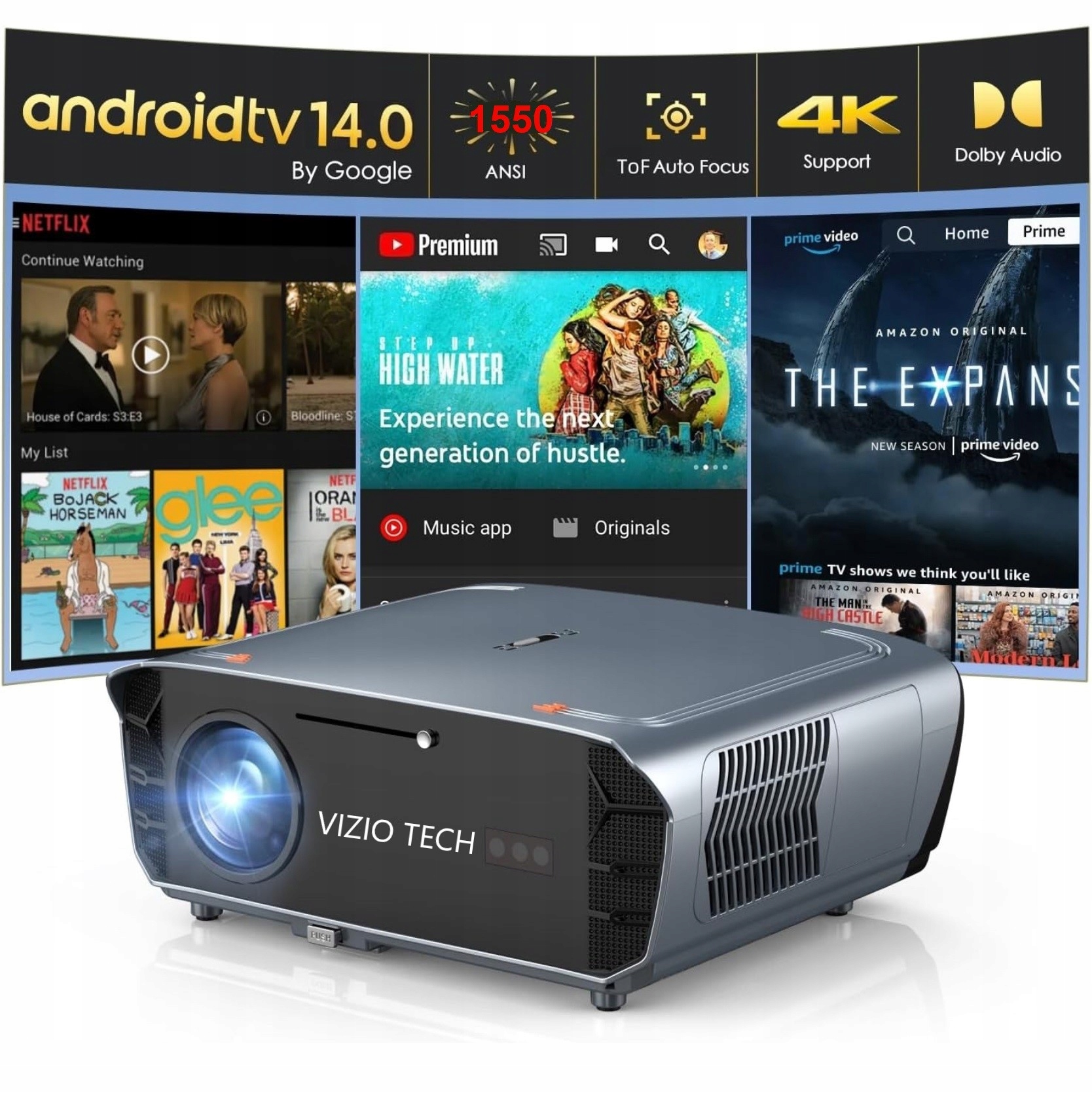 Projektor Vizio Tech A9G 1550Ansi AndroidTV 14 FullHD 4K Dolby Wifi 6 Bt