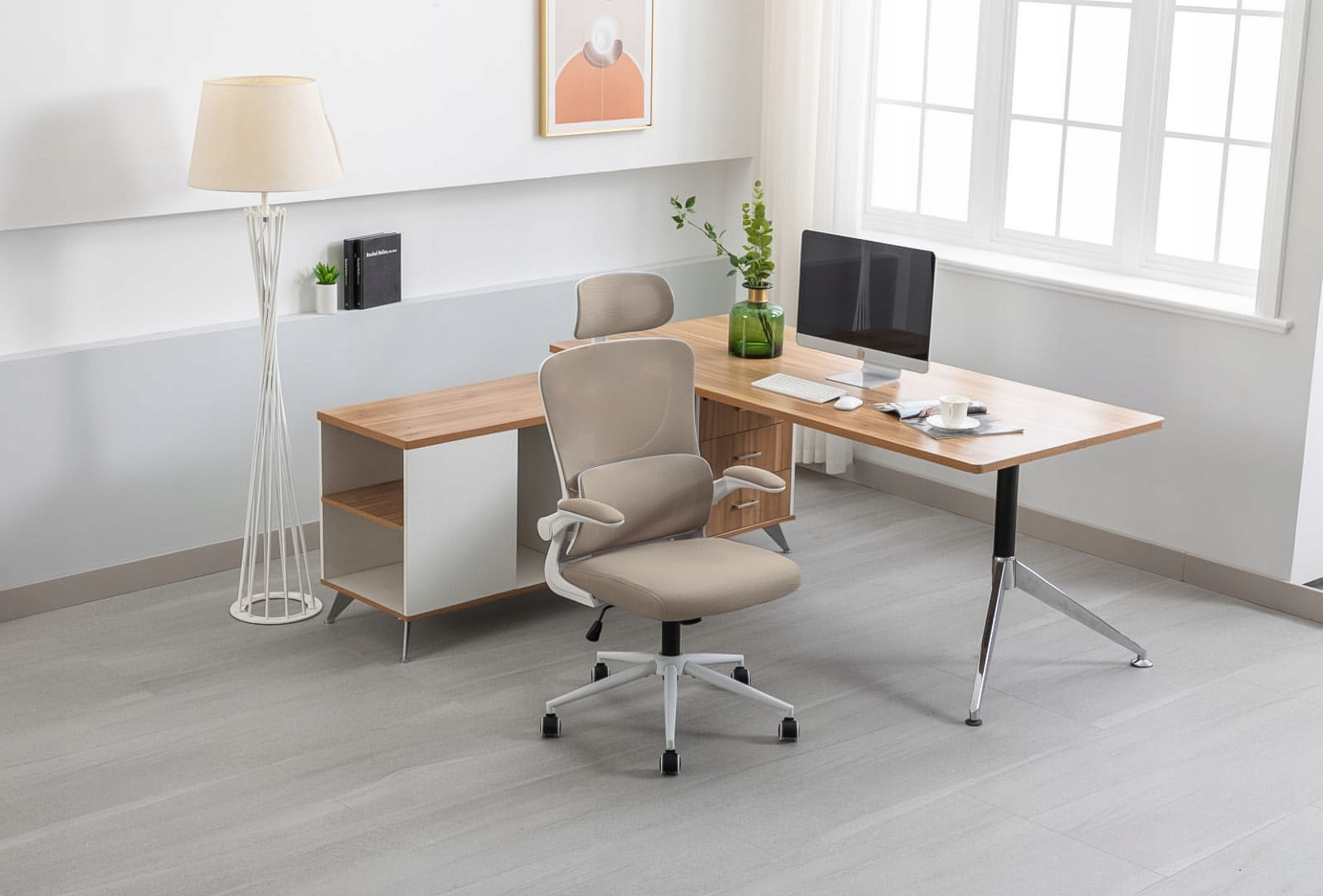 FOTEL BIUROWY ERGONOMICZNY KRZESŁO OBROTOWE beżowy konferencyjne do biura Szerokość mebla 60 cm