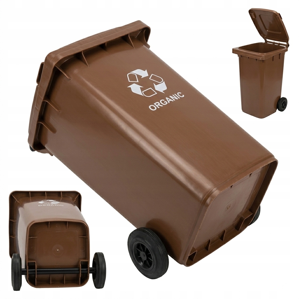 Kosz Na Śmieci Pojemnik 120l Kubeł Śmietnik Brązowy Bio Gumowe Koła