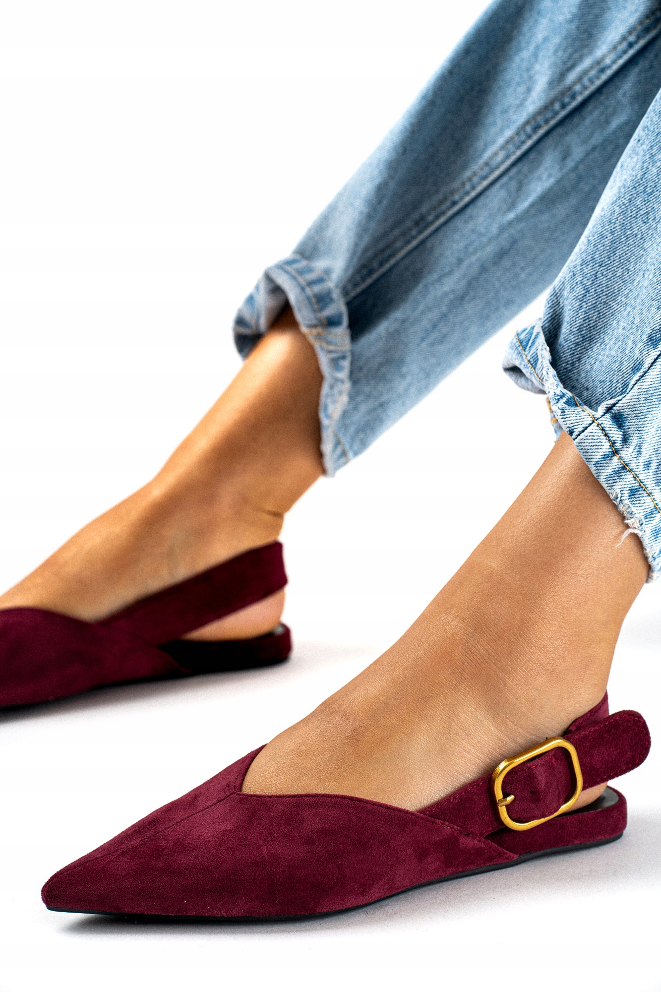 Bordowe zamszowe baleriny damskie z paskiem 39