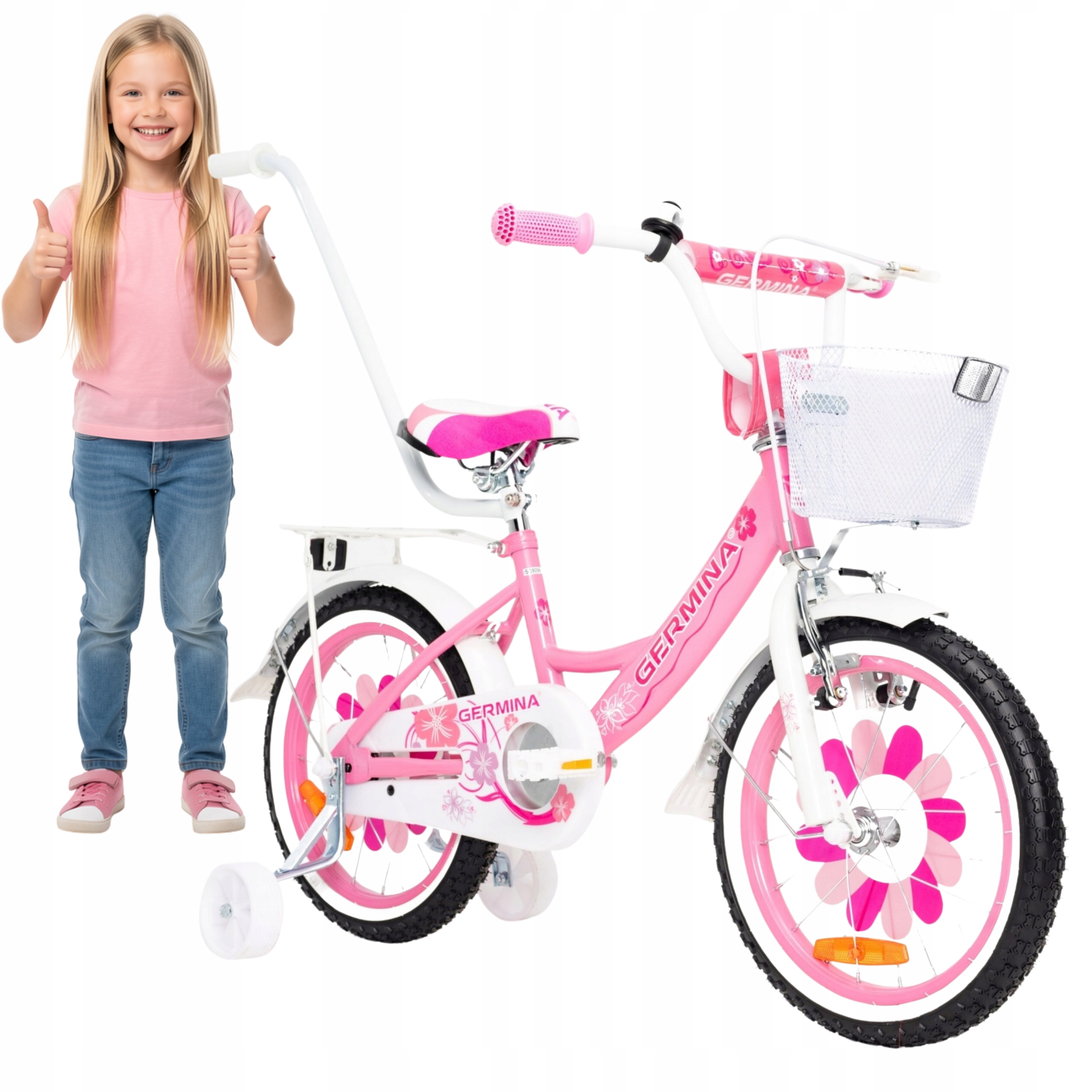 Rowerek dziecięcy Germina Bmx 16 cali różowy dla dziewczynki prowadnik