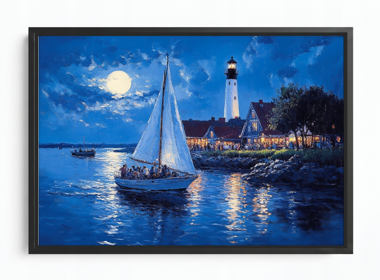 Obraz Rama American Box Námořnictvo Moře Noc Měsíc Lucerna Loď 60x40
