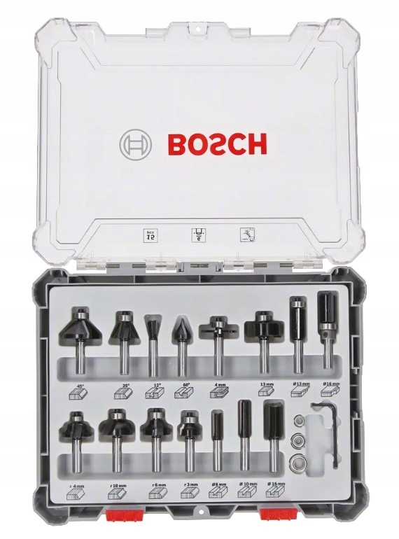 BOSCH ZESTAW FREZÓW MIESZANY 15 szt uchwyt 6mm