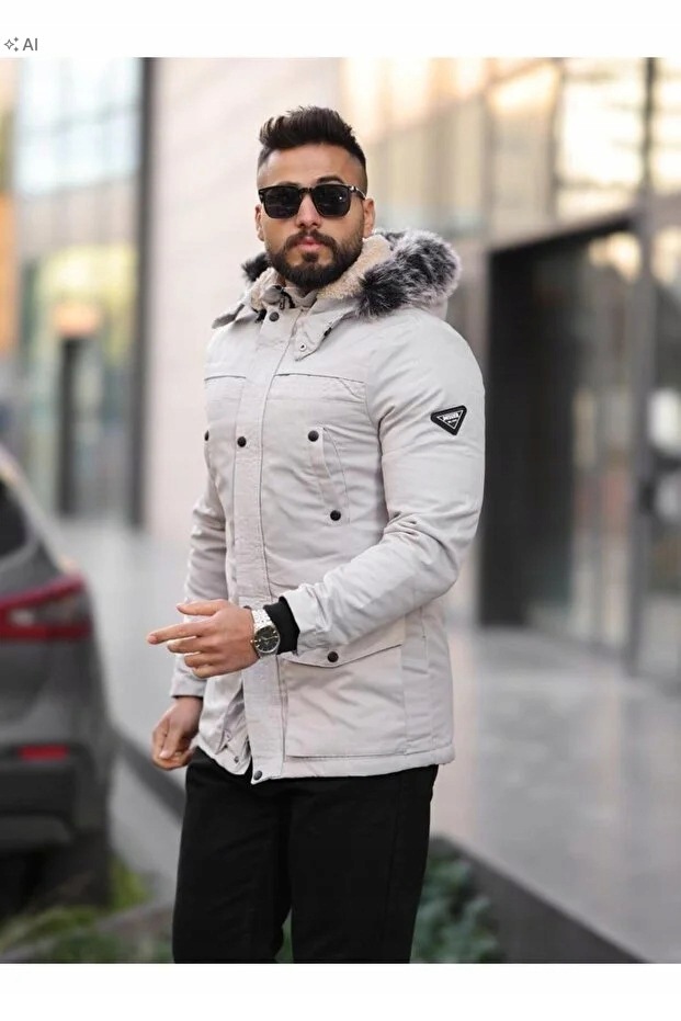 Pánská Prošívaná Bunda S Kapucí A Kožešinou Elegantní, Velikost 5IA