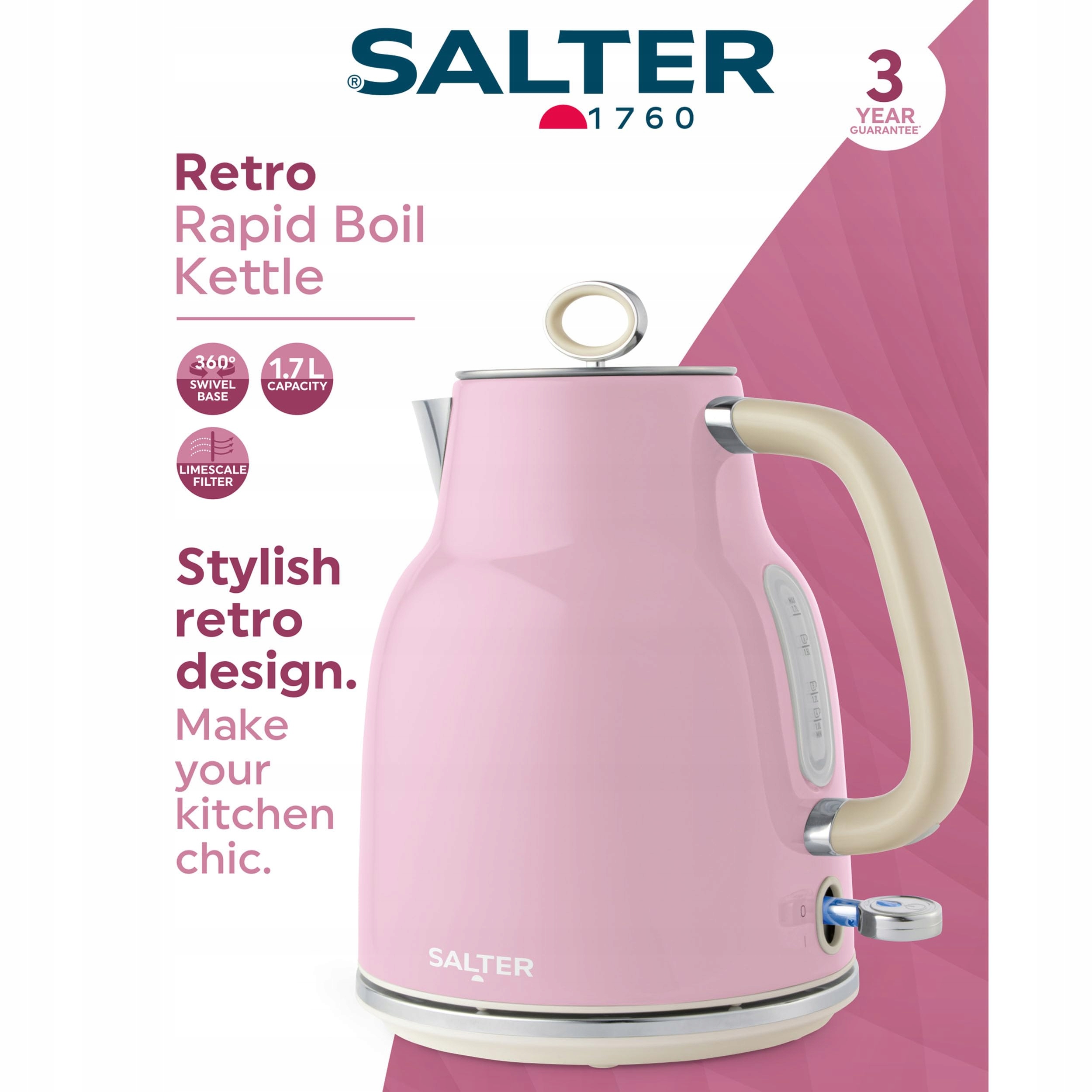 SALTER Retro Czajnik 1.7L 3kW, Obrotowa Podstawa, Filtr Antywapienny — miniatura 2