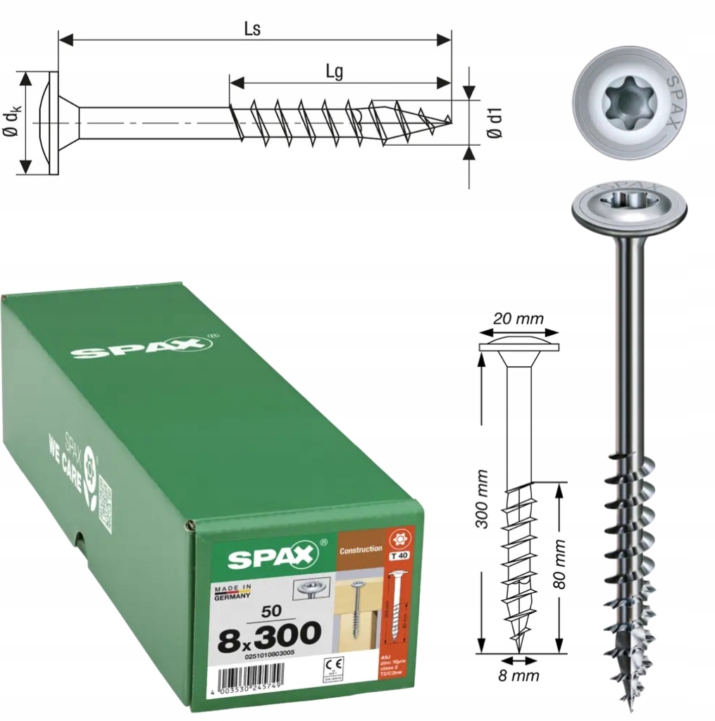Šroub pro dřevěné konstrukce Hi.force Wirox 8 x 300 50 Ks