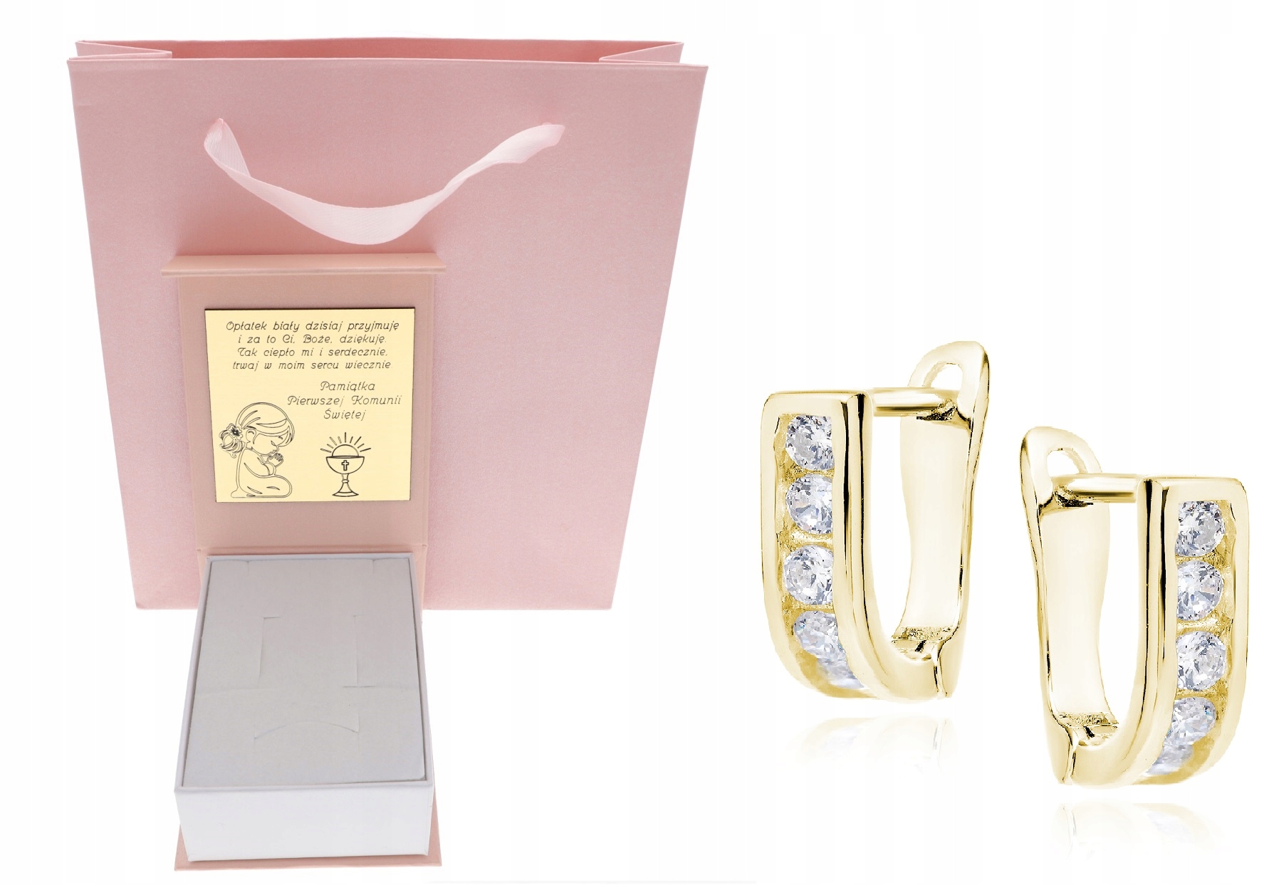 Zlaté dětské náušnice s bílou zirkon ke Svaté Přijímání, Křtu, s Gravírování, Stříbro