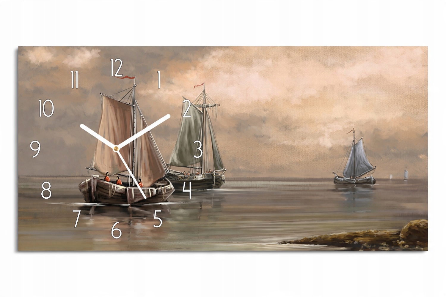 

zegar z obrazem 60x30 łodzie jezioro grafika cichy