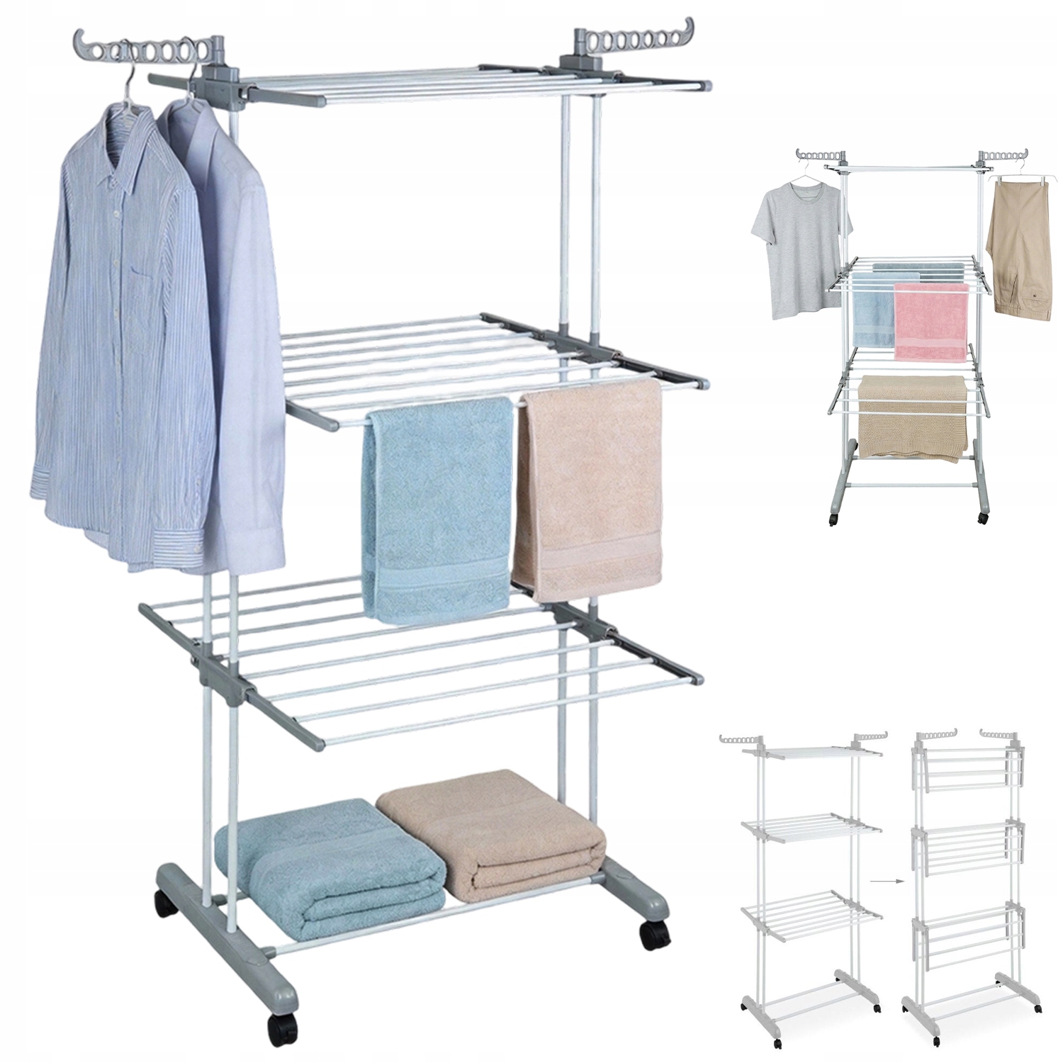 Levně Velký Stojanový Sušák Na Prádlo, Robustní Věšák Na Oblečení Se 4 Kolečky, Šedý XL