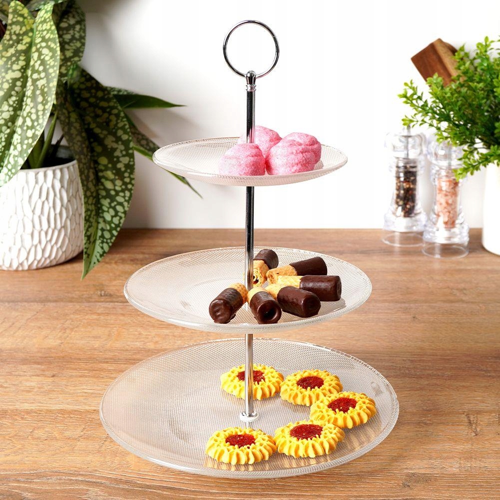 Patera 3-PIĘTROWA poziomowa SZKLANA na ciasto ciastka owoce przekąski Marka Orion