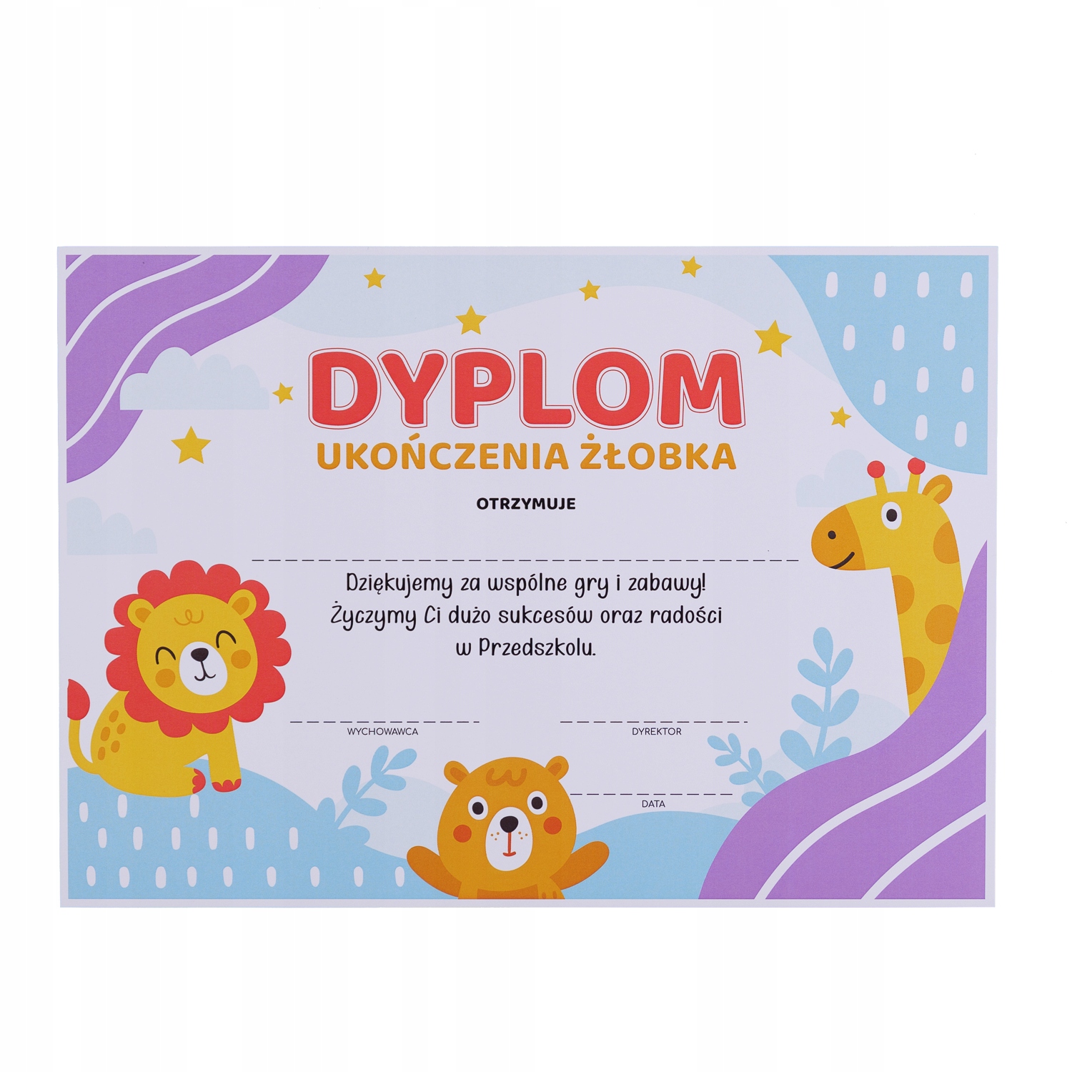 DYPLOM UKOŃCZENIA ŻŁOBKA - ZWIERZACZKI - KONIEC ROKU SZKOLNEGO (DUŻY A4)