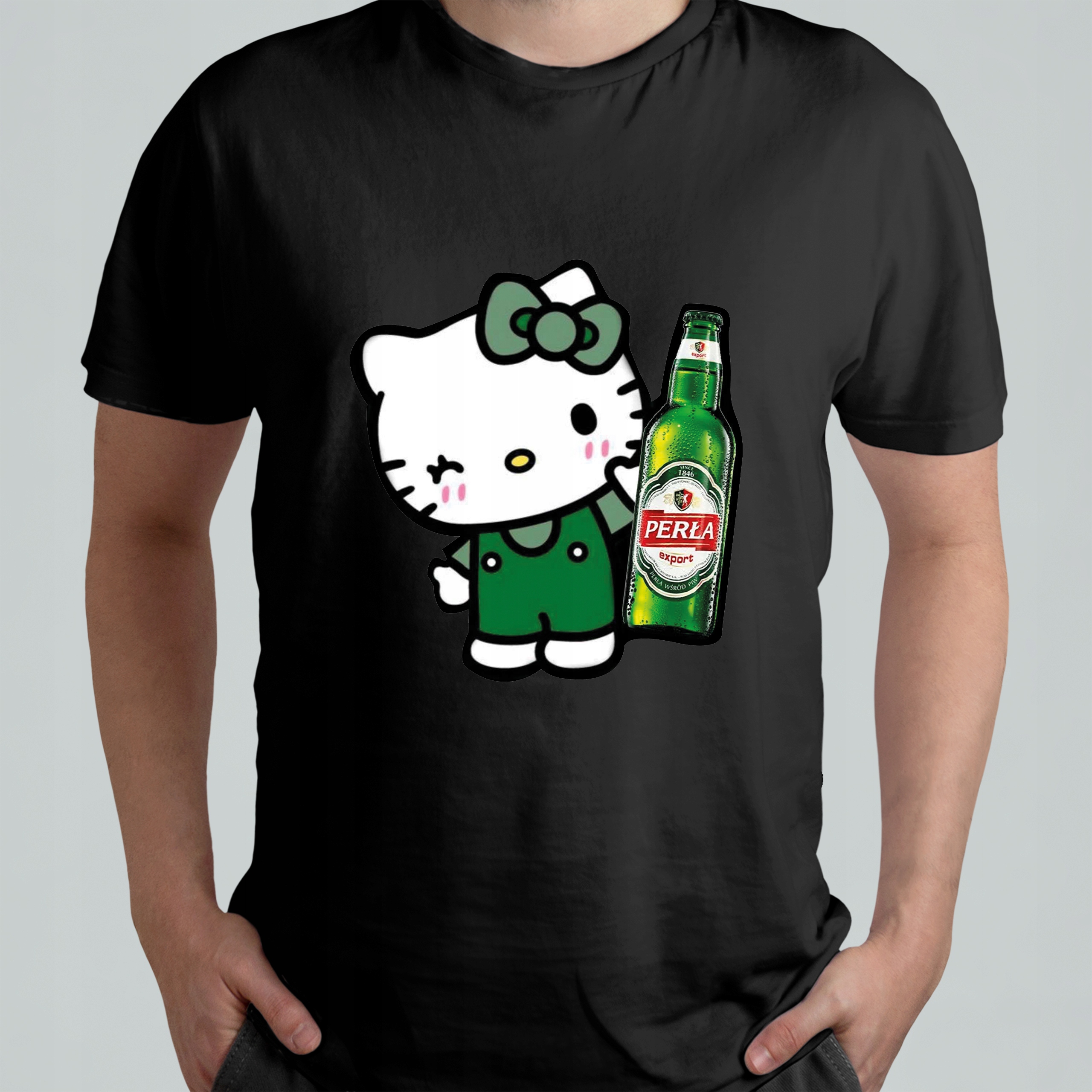 CZARNA KOSZULKA Z NADRUKIEM MĘSKA ŚMIESZNA T-SHIRT HELLO KITTY PERŁA PIWO