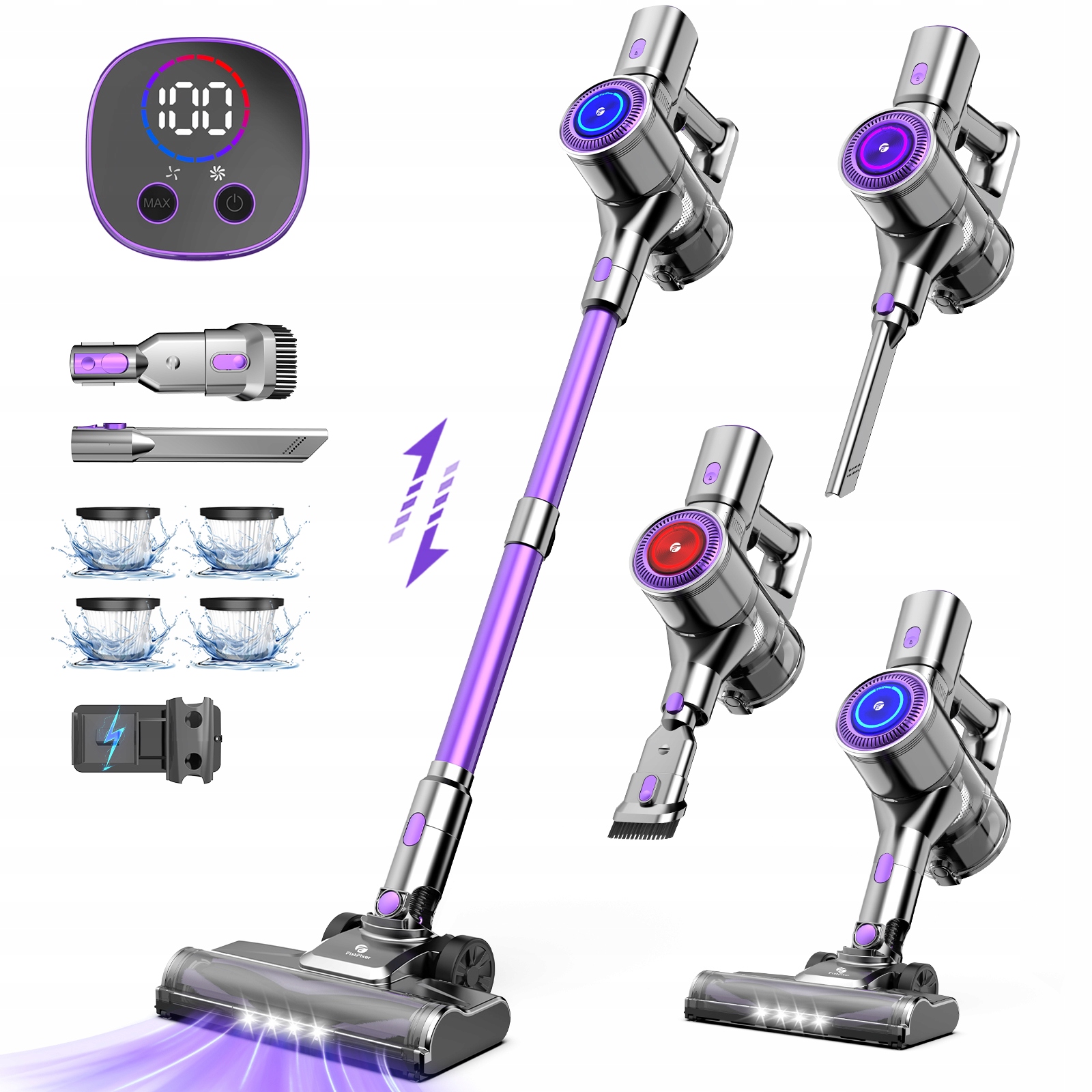 Bezdrôtový vysávač X7, 400 W 50 kPa, 8 x 2 200 mAh, 55 minút, fialový