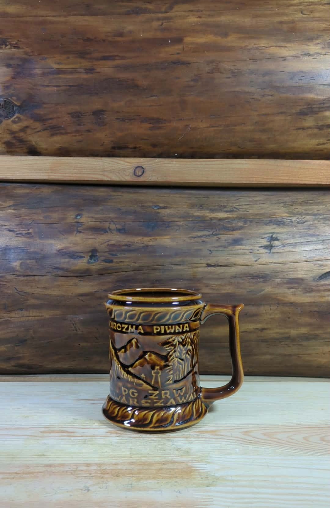 Ceramiczny Brązowy Kufel Do Piwa Sygnowany