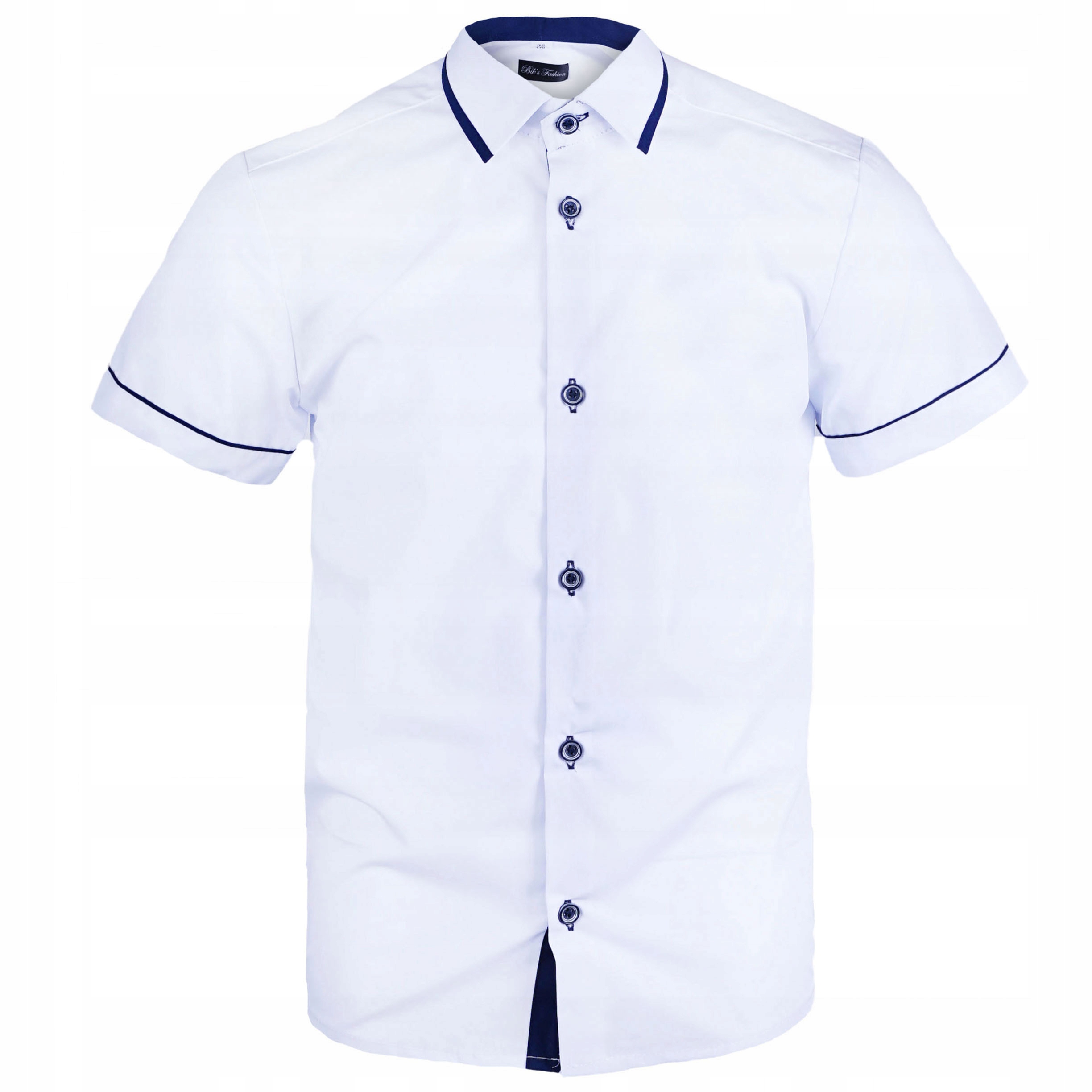 Chłopięca koszula elegancka na komunie krótki rękaw biała granat BIKS 152