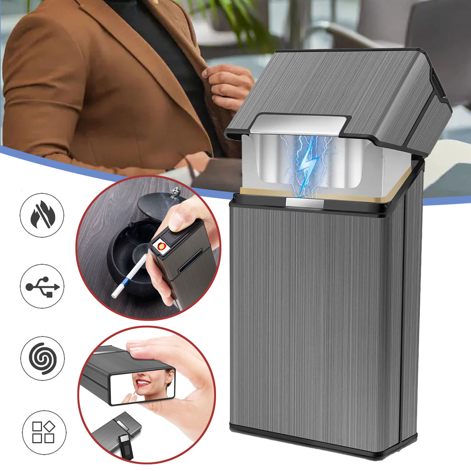Przenośne Etui Na 20 Papierosów, Wiatroszczelną Zapalniczką, Aluminiowym
