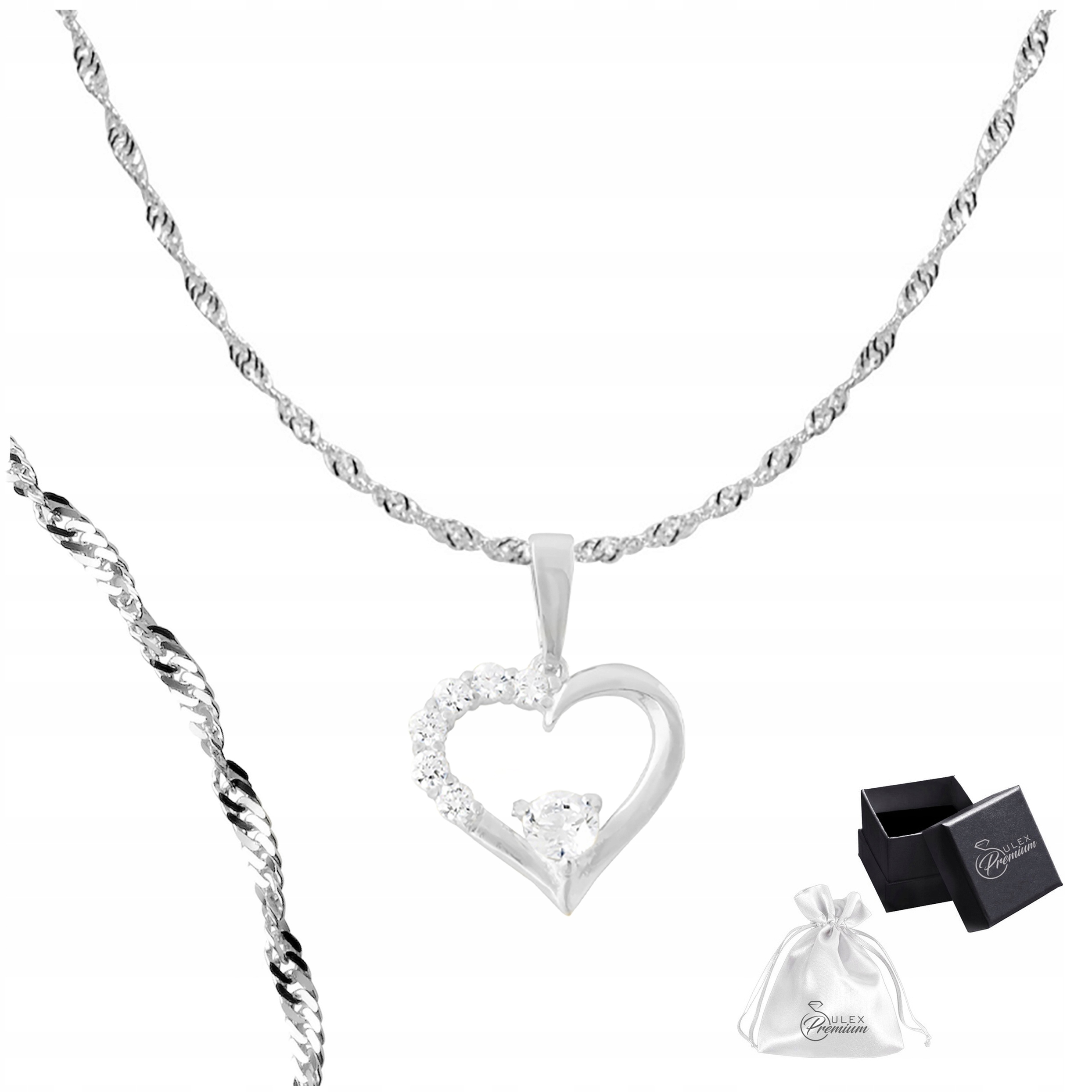 Stříbrný náhrdelník Řetízek Singapur Přívěsek Srdce s zirkony 55 cm