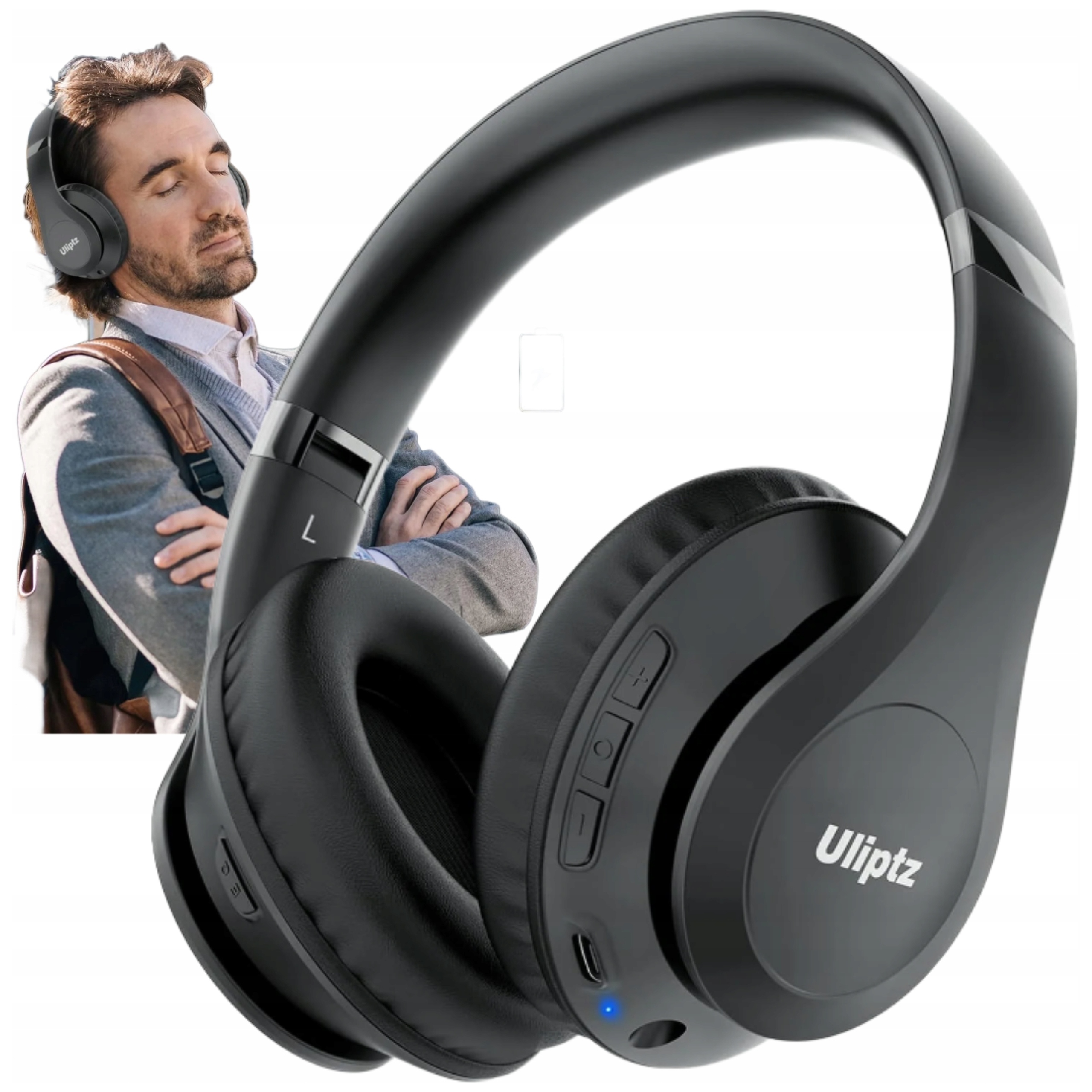 Bezdrátová sluchátka Bluetooth 5.3 65 h, skládací, přes uši, černá, lehká