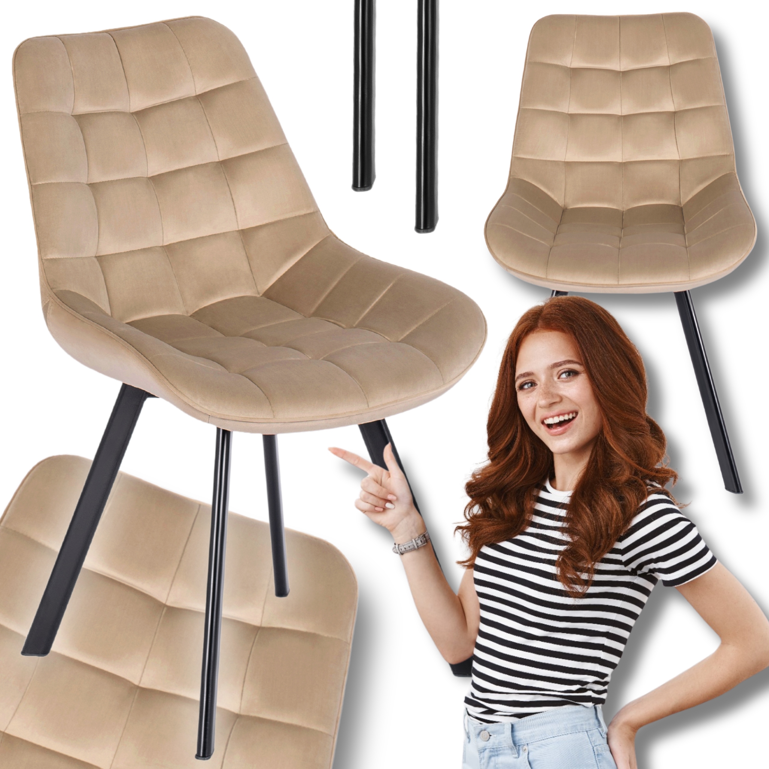 Čalouněné křeslo Velurové do jídelny Obývací pokoj Prošívané Loft Béžové Rick