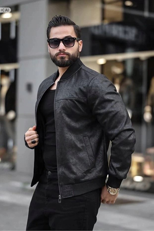 Pánská Semišová Bunda Bomber Černá Elegantní S 5IA
