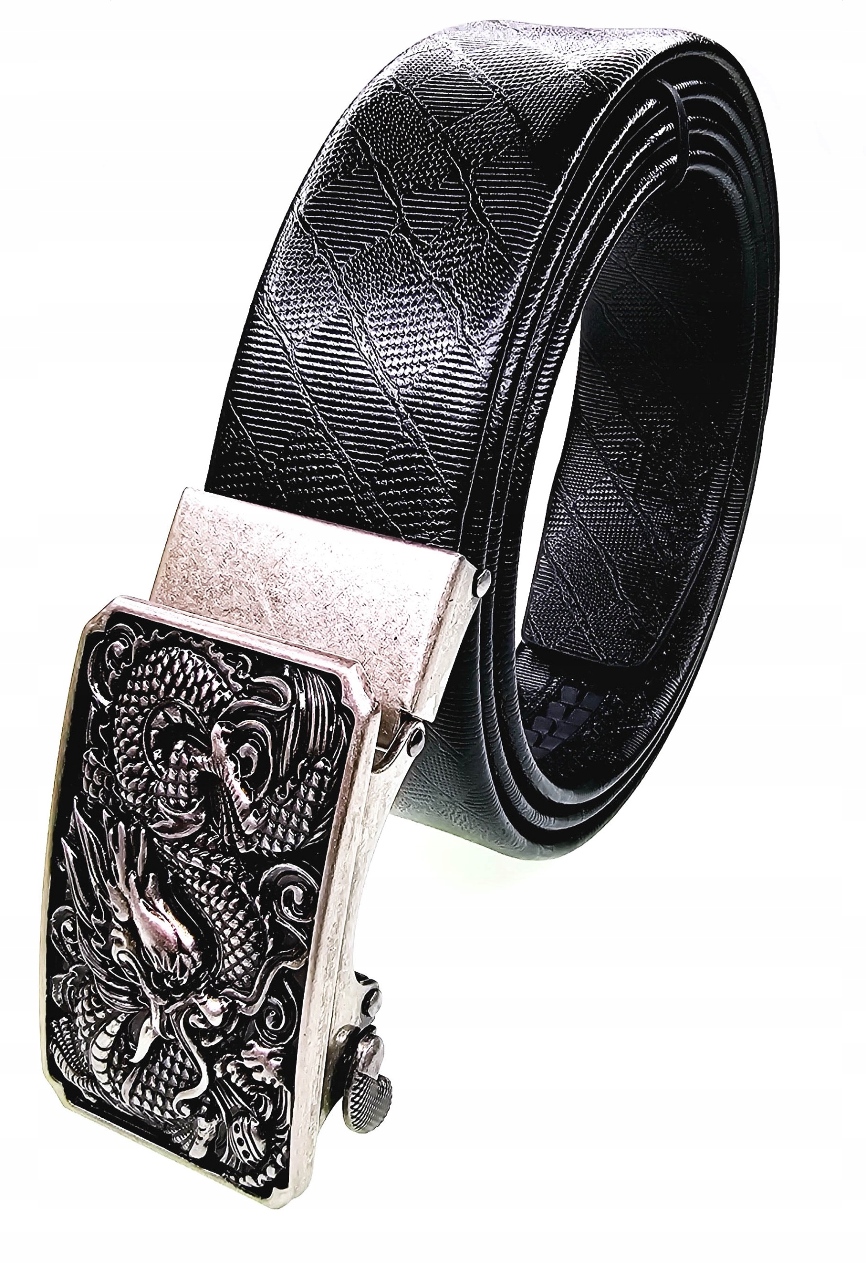 Luxusní Černý Pánský Kožený Opasek Automatický Stříbrný Drak 125 CM