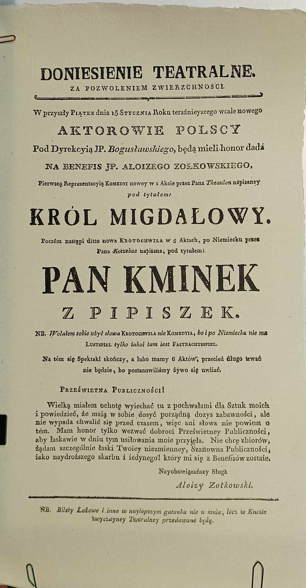 Afisz teatralny: Król migdałowy. Pan Kminek z Pipszek
