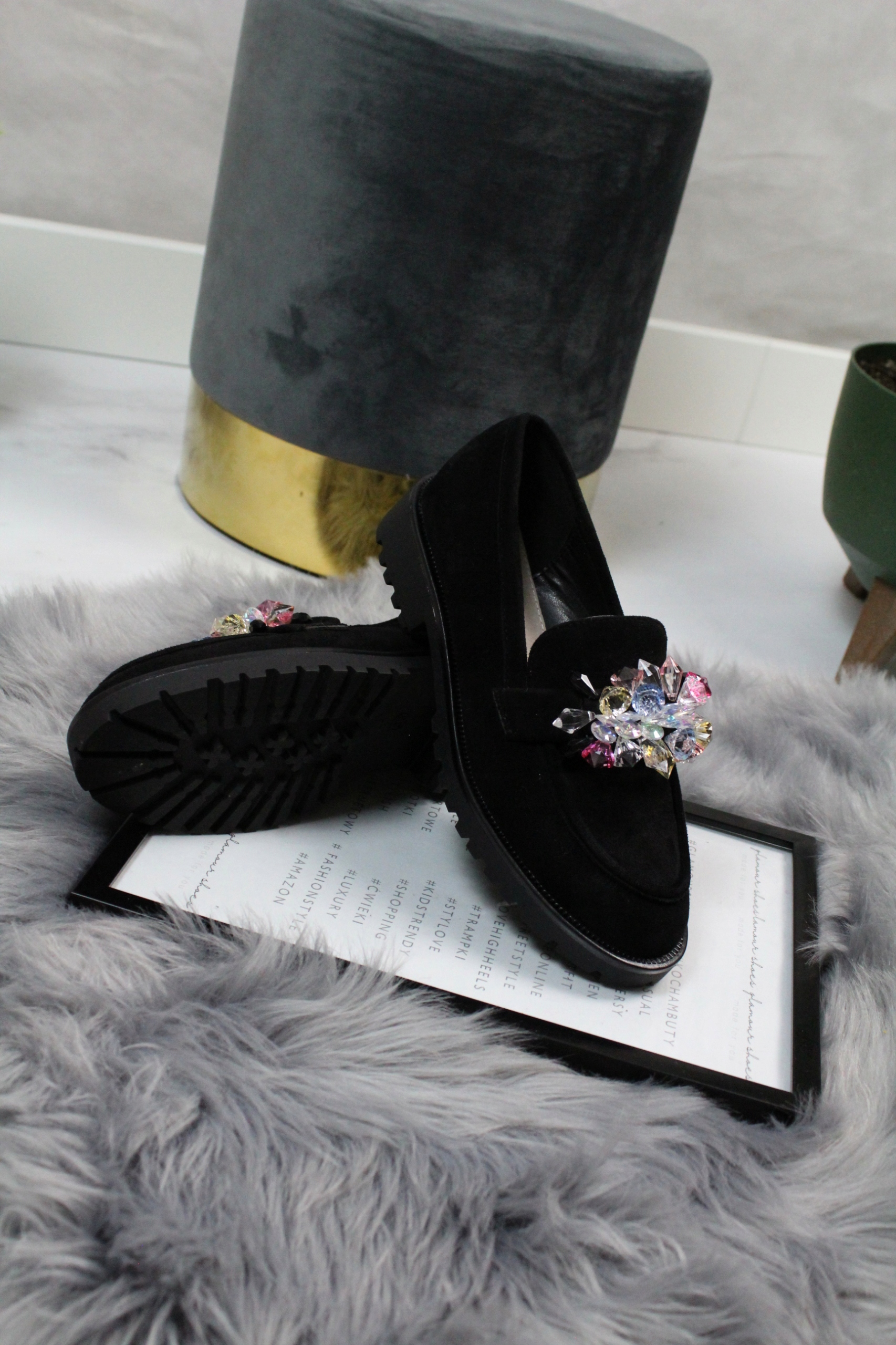 MOKASYNY CZARNE Z CYRKONIAMI ZAMSZ PLATFORMA 38 Rozmiar 38