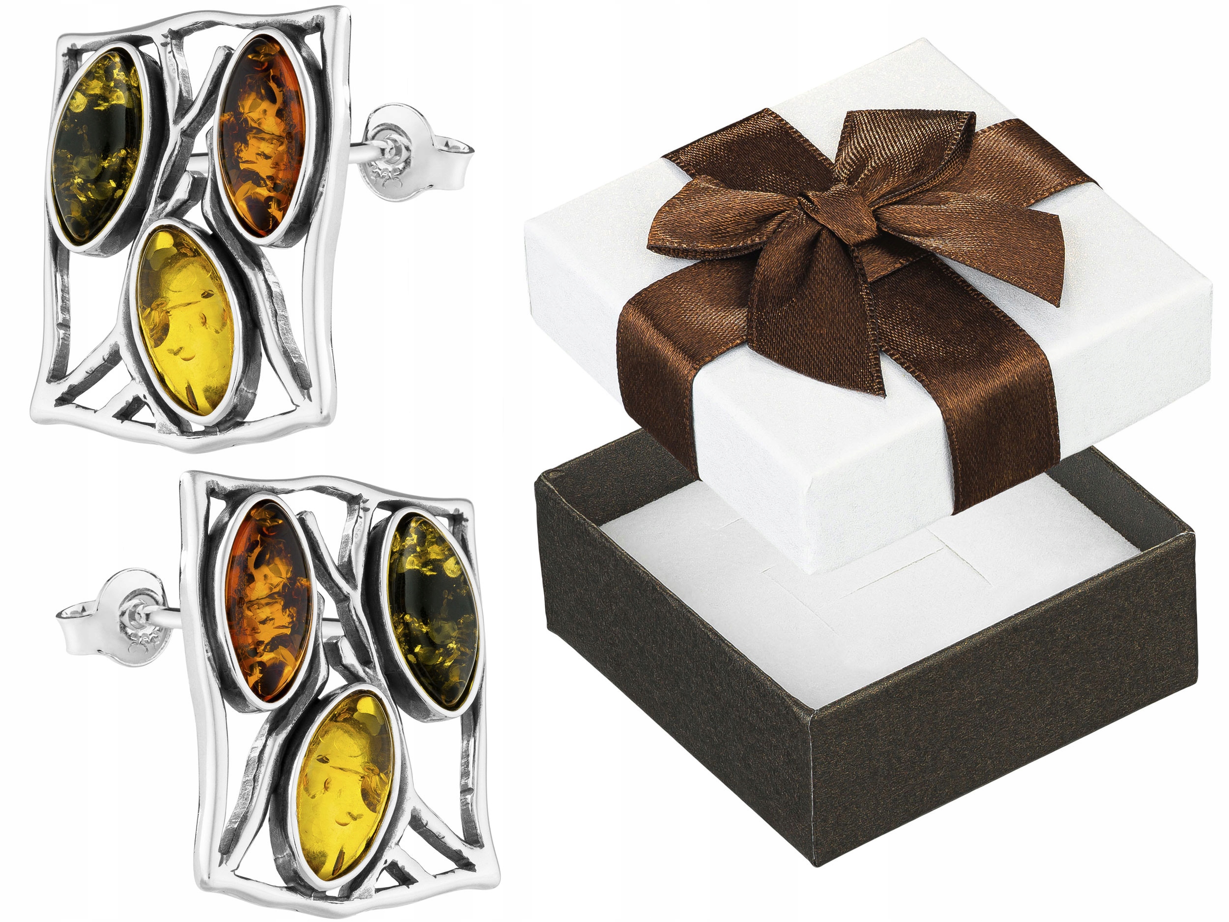 Stříbrné Náušnice s jantarem Velké barevné obdélníky Oxidované Stříbro