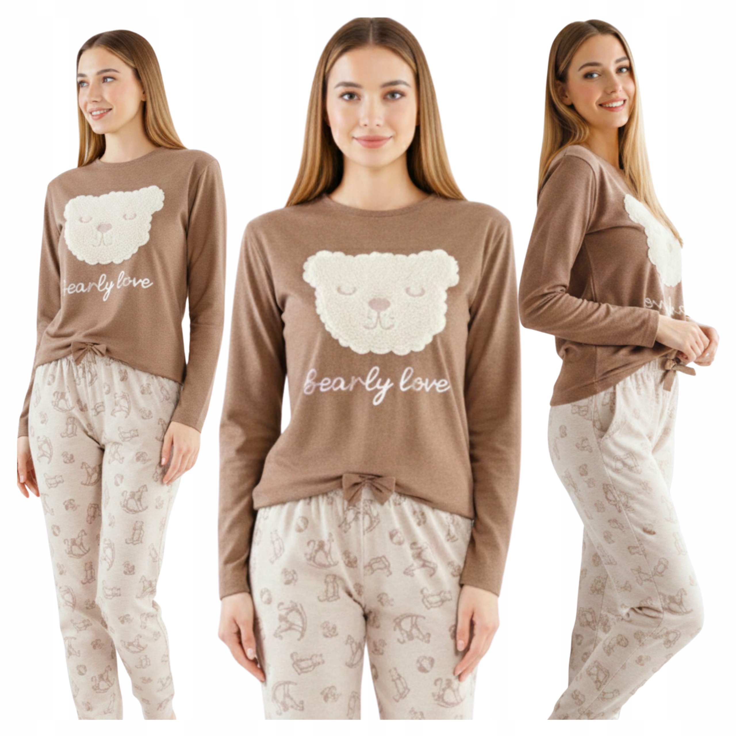 Piżama Damska Dwuczęściowa Długi Rękaw Z Misiem Miękka M Lily Brązowa