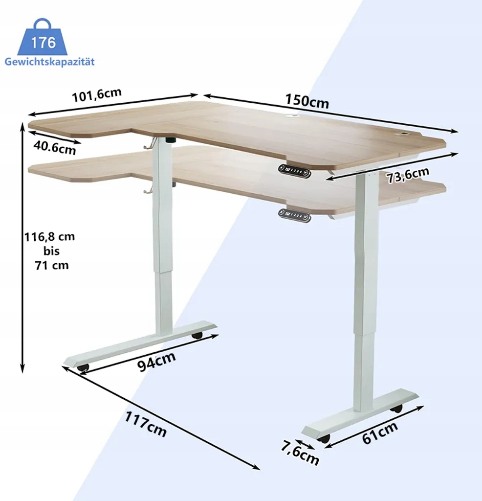 BIURKO ELEKTRYCZNE Z REGULACJĄ WYSOKOŚCI 150CM W KSZTAŁCIE LITETRY L Kolor mebla dąb jasny