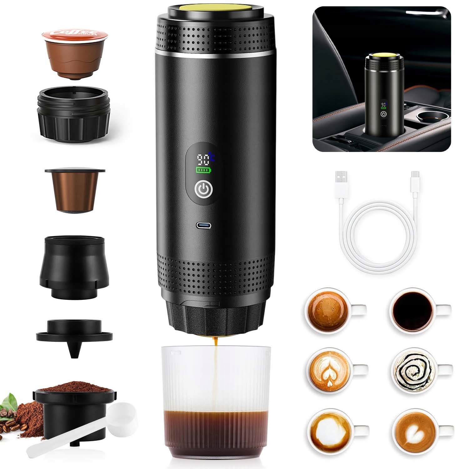 3V1 Přenosný Kávovar Na Cesty Tlakový Pro Kapsly I Mletou Kávu