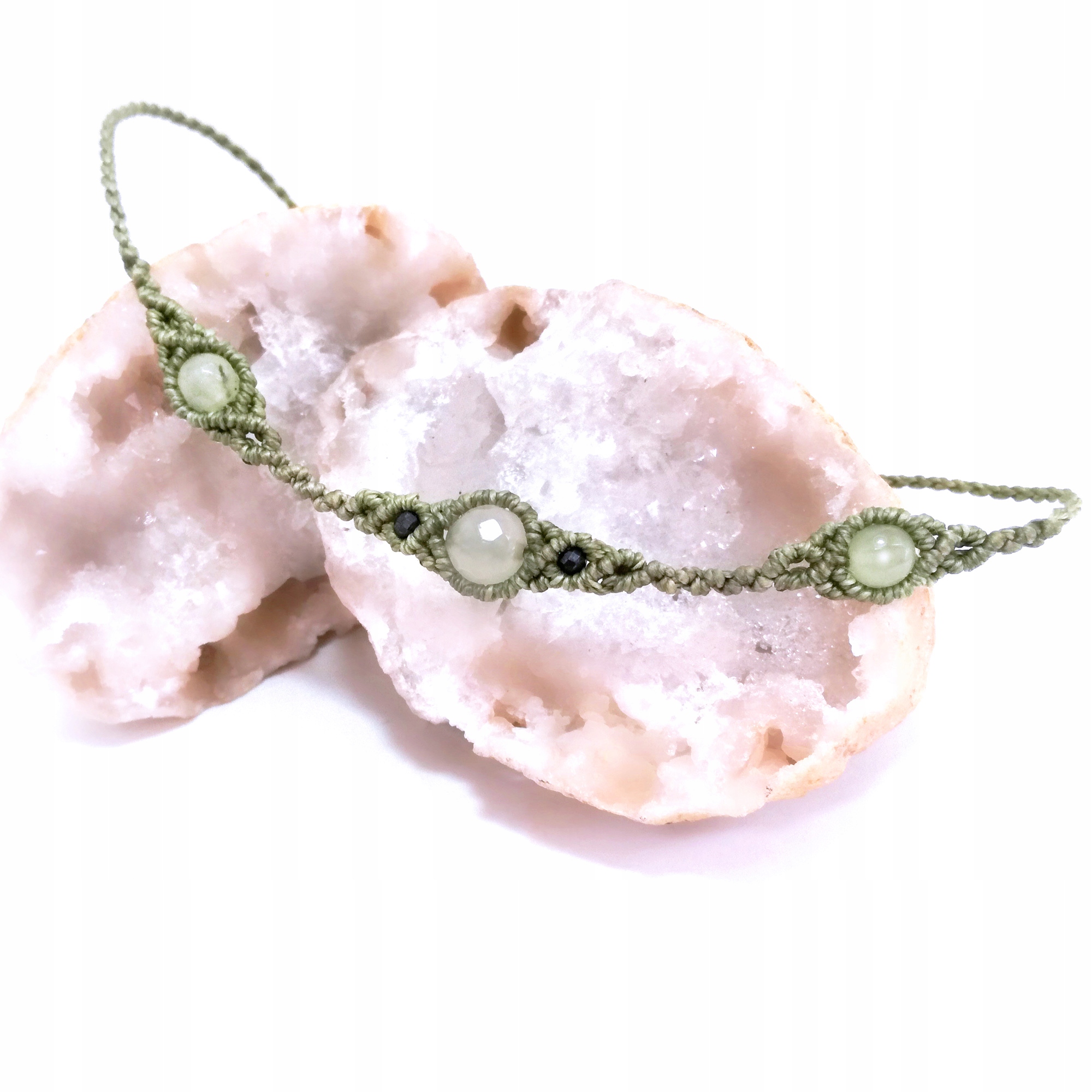 Trio achát v makru náhrdelník choker pletený zelený mikro makramé