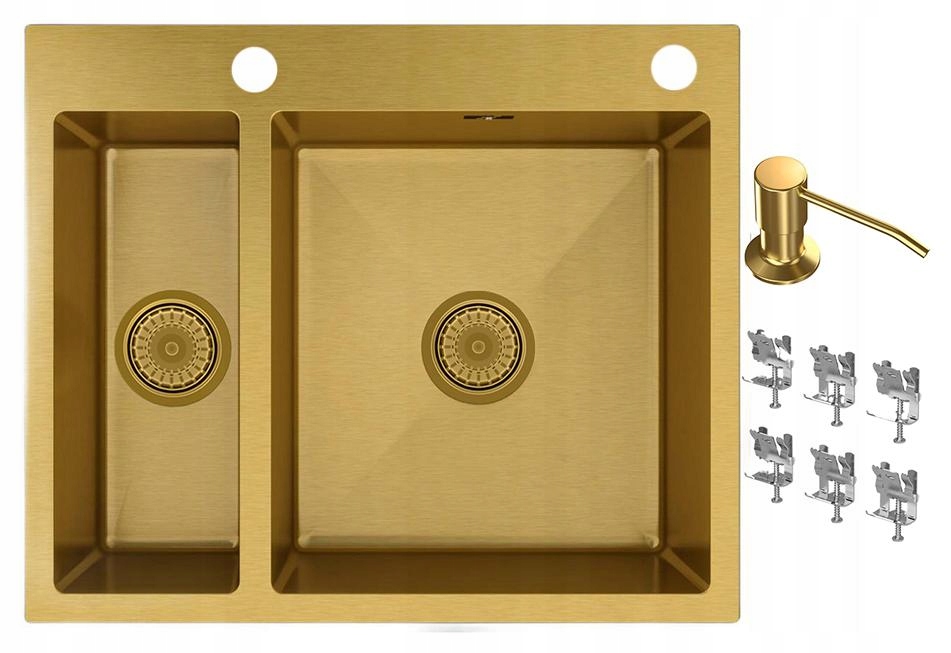 Ocelový Dřez 1,5 Komorový Zlatý Sifon Odkapávač Dávkovač BARI61