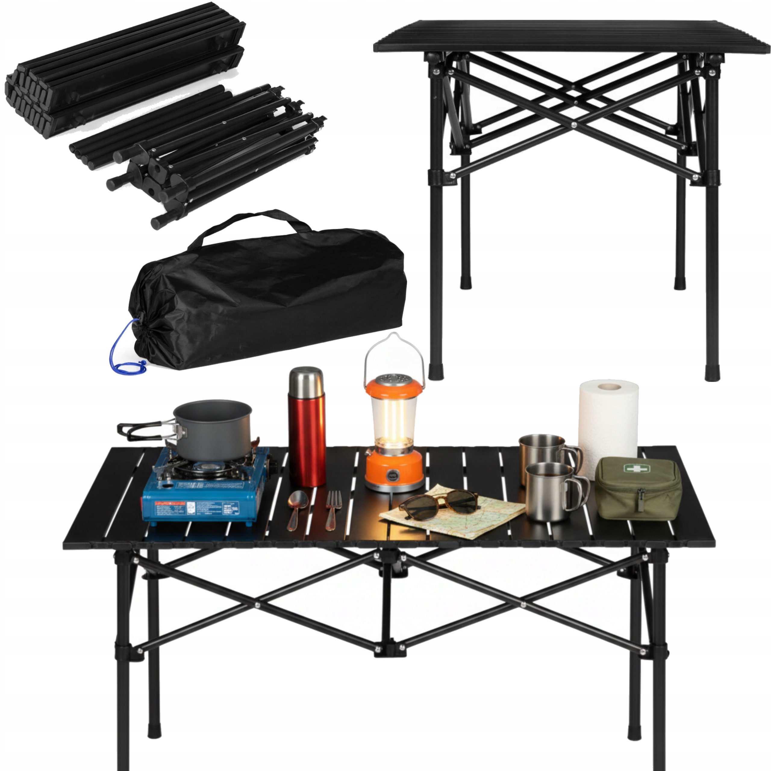 Stolik Turystyczny Składany 95x55cm Kempingowy Szeroki Stalowy Torba Czarny