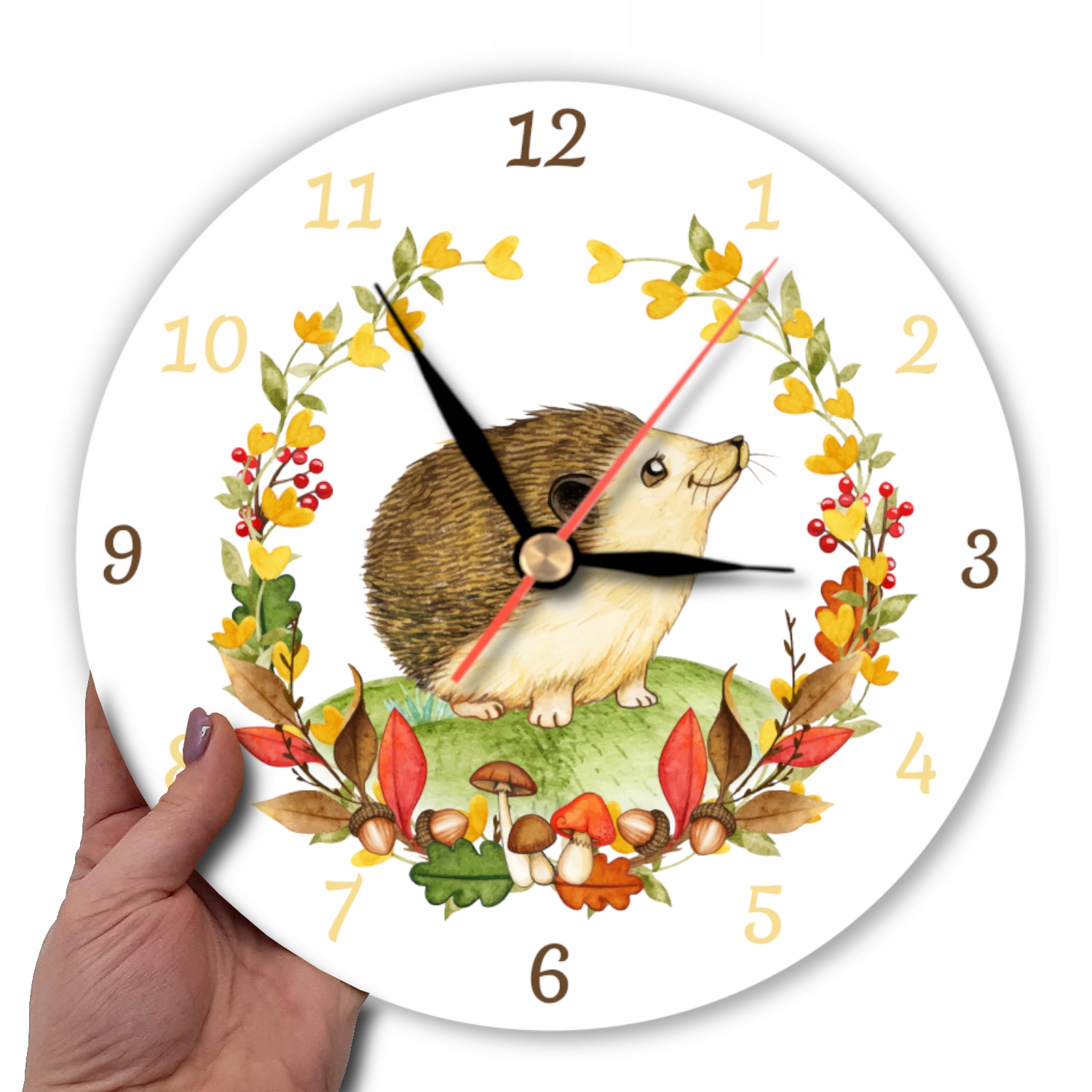 Okrągły ścienny cichy leśny zegar z jeżykiem jeż Zasilanie baterie