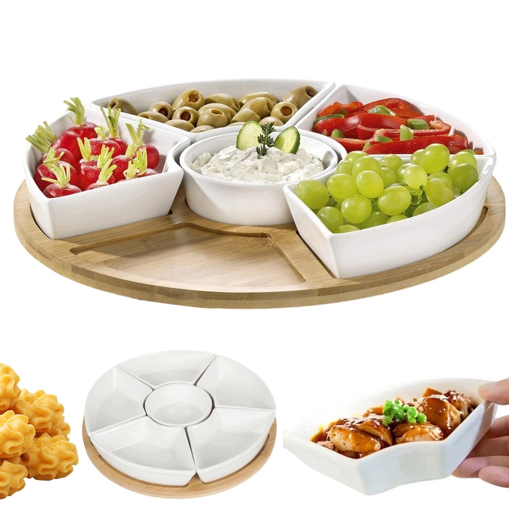 Otočný podnos se 6 porcelánovými miskami, ideální pro rodinná jídla