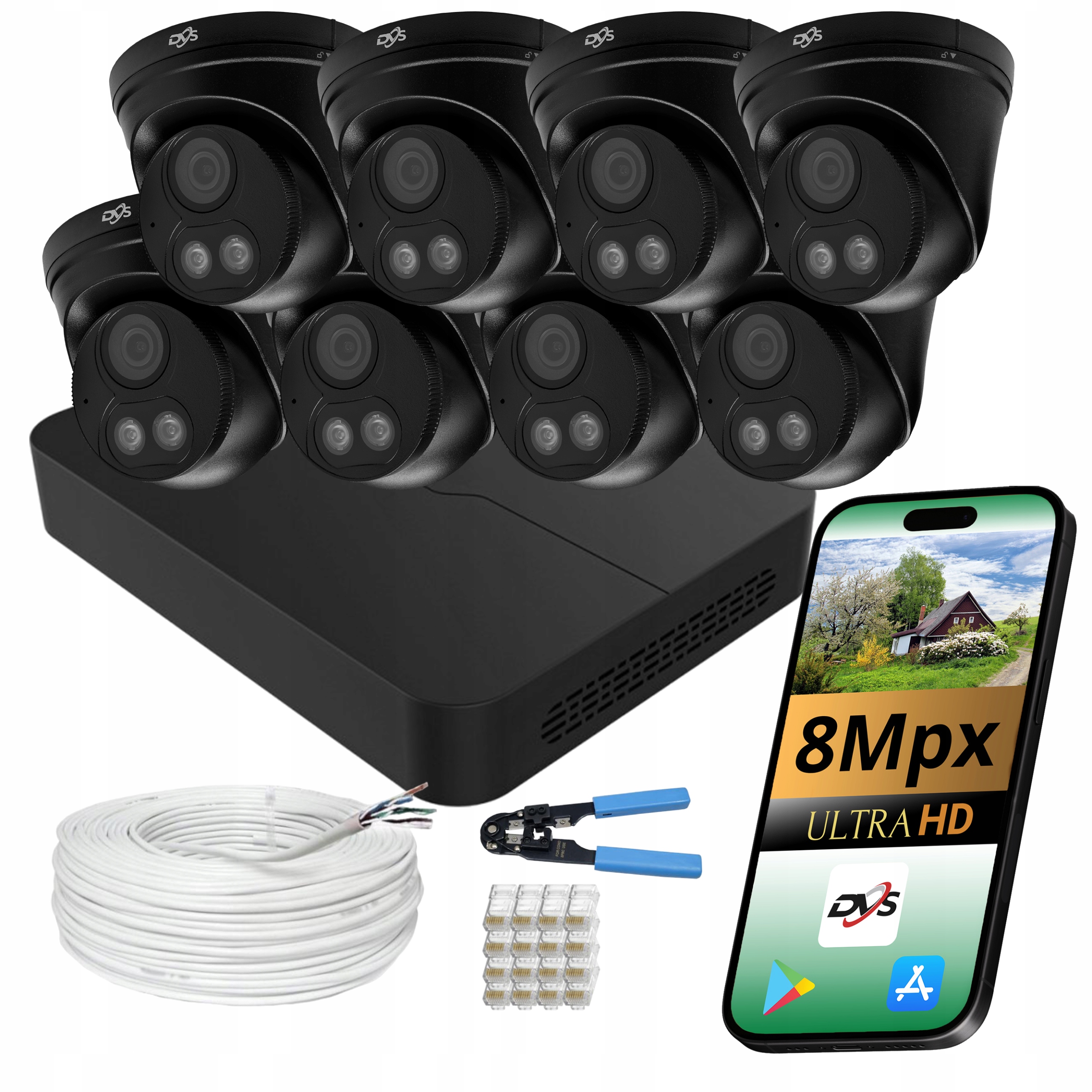 Sada Pro Monitorování Ip Poe 8 Kamer 8MPX Černá Kopulovité Dálkové Ovládání