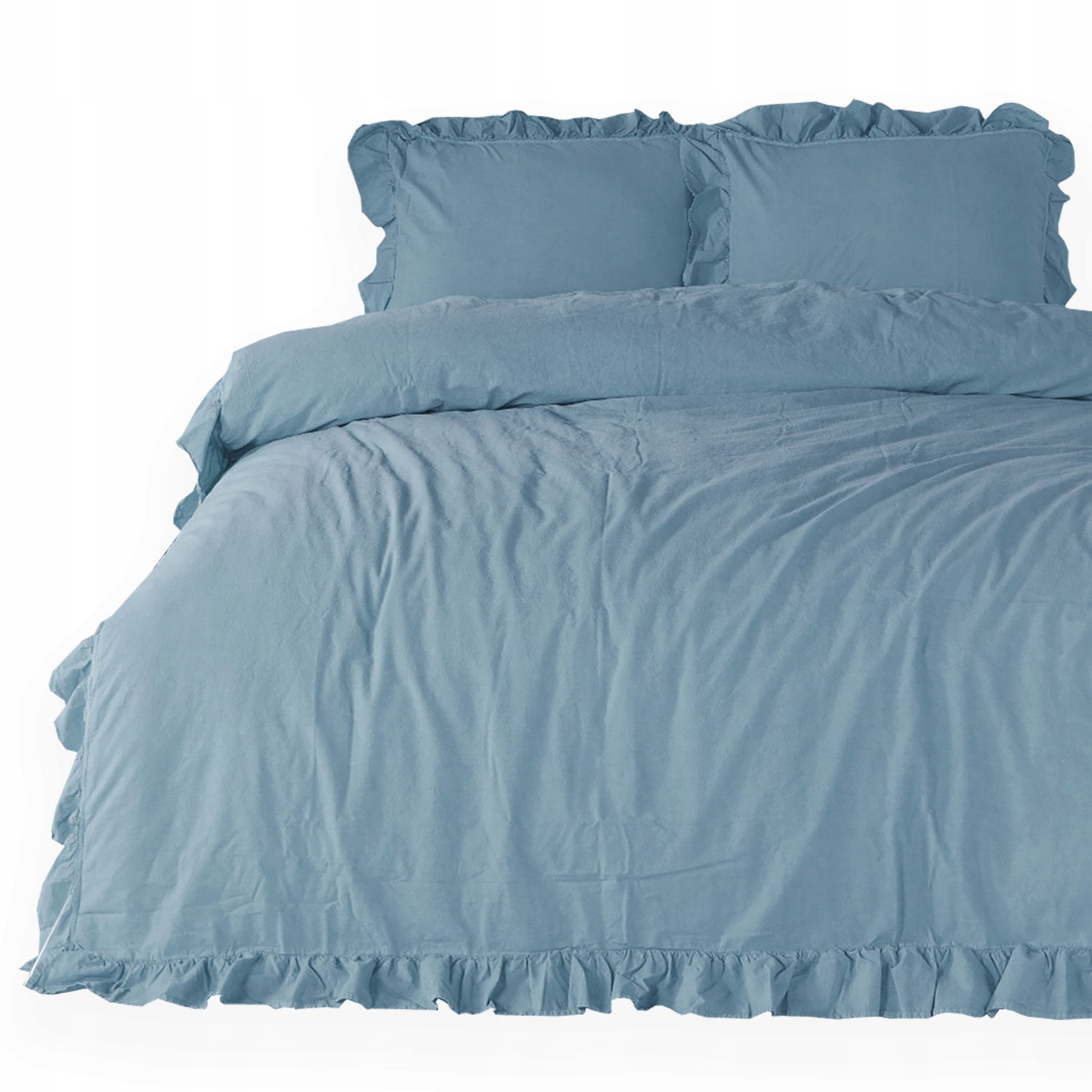Pościel 160x200 Bawełna 100% Kreszowana z falbanką blue niebieski