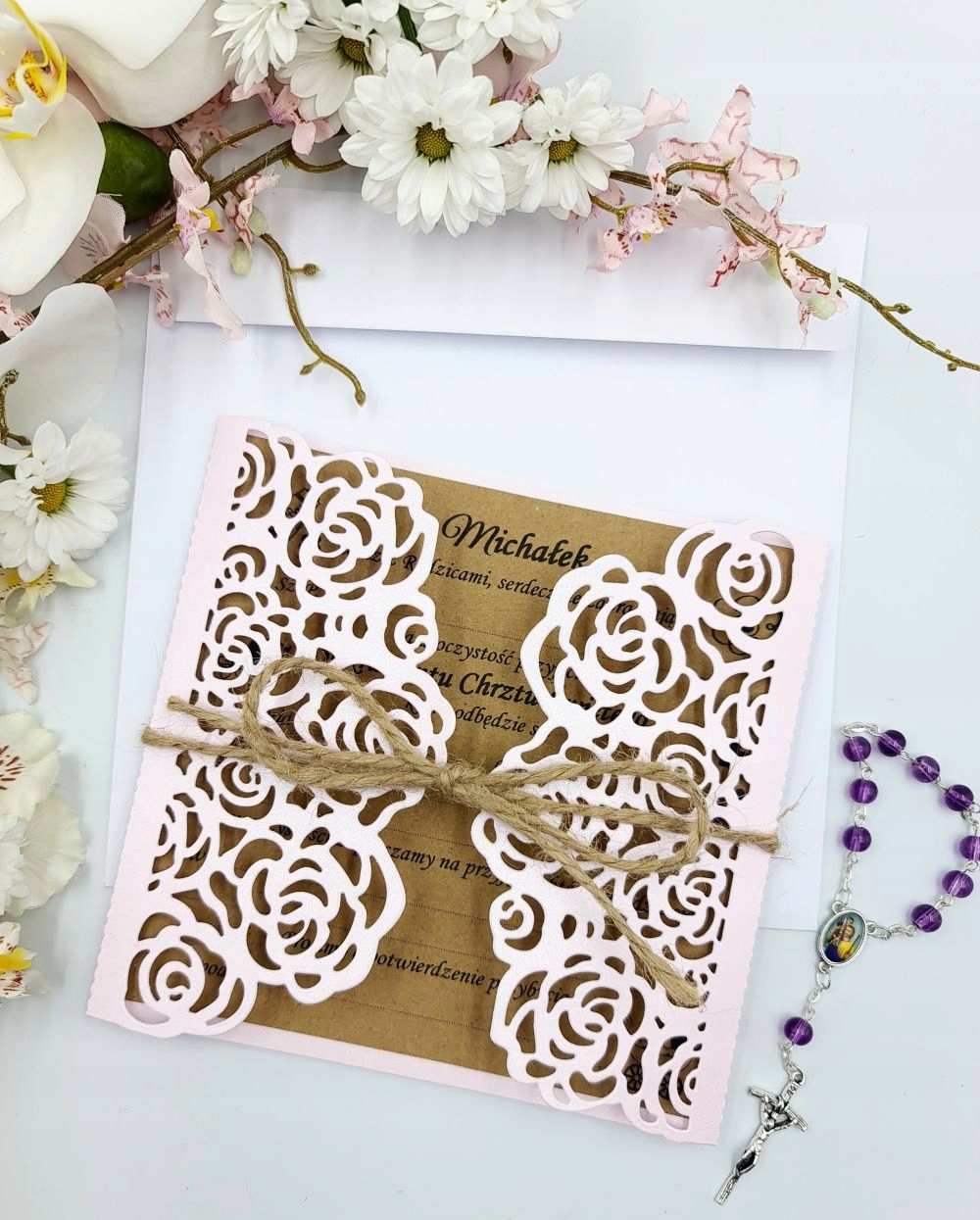 ZAPROSZENIA CHRZEST CHRZCINY AŻUROWE AŻUR EKO RÓŻ Marka bez marki